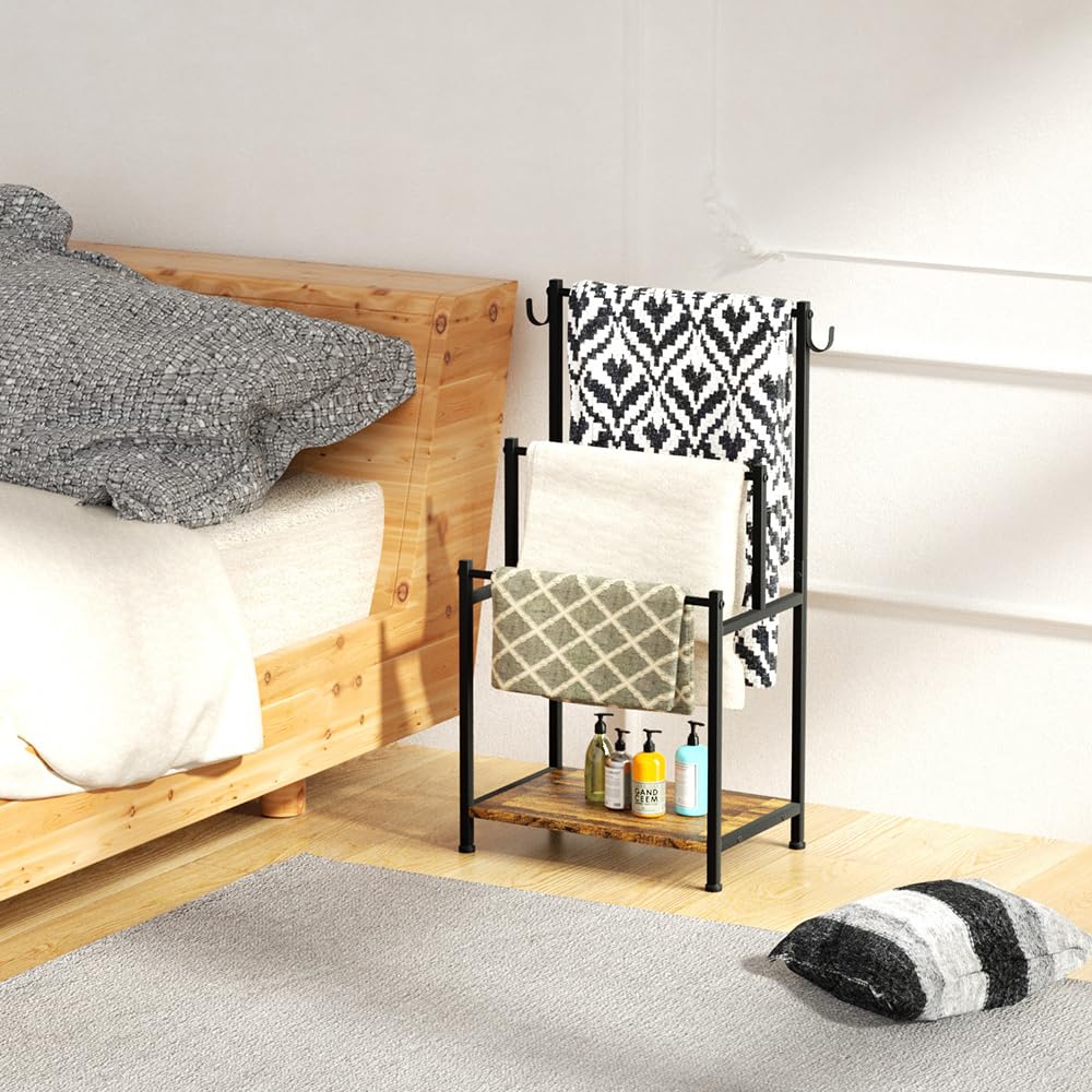 OUDUCK Free Standing Towel Rack 3 Tier Towel Rack Stand, Blanket Rack Stand with Wooden Storage Shelf for Living Room and Bathroom, Rustic Brown