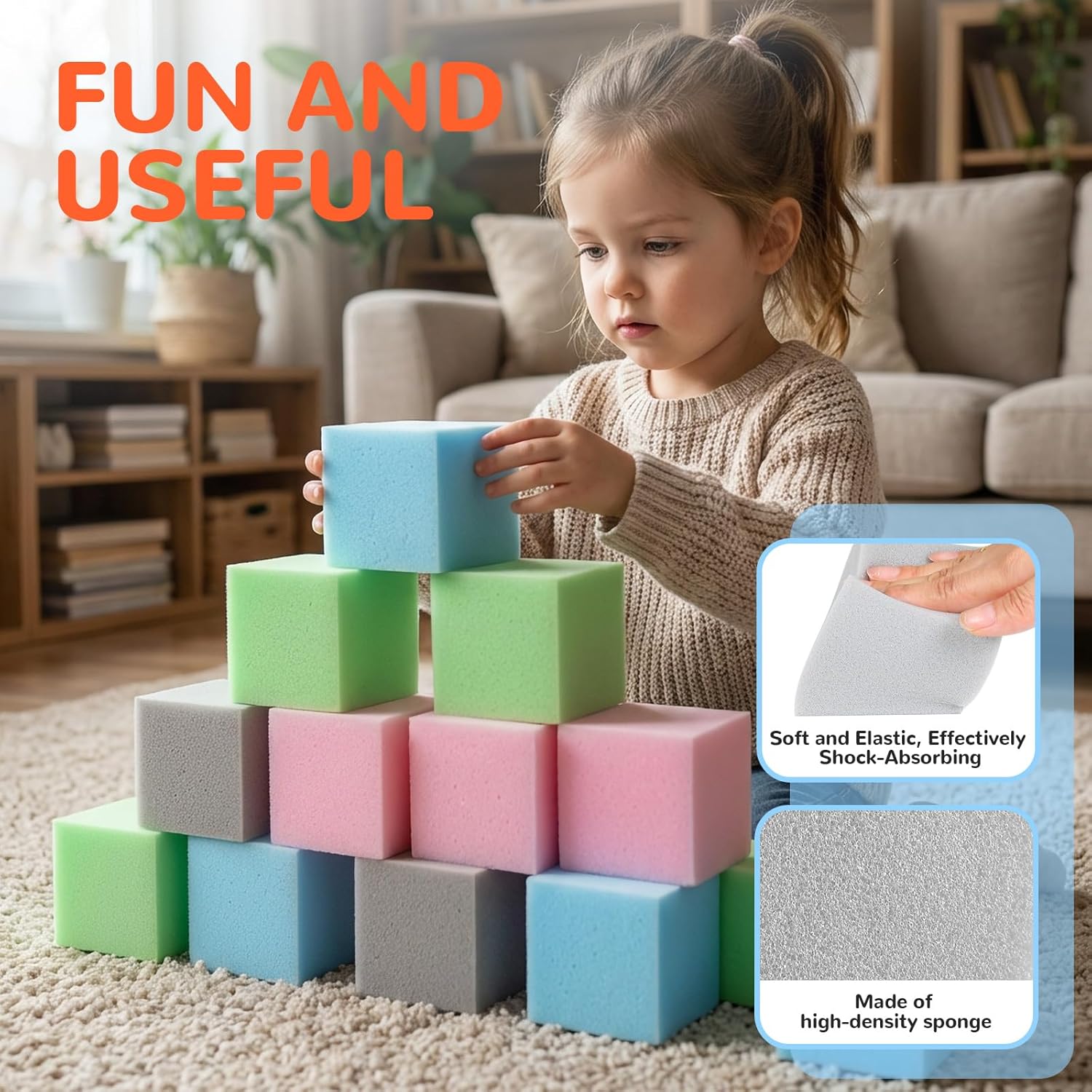 48PCS Kids Foam Blocks for Ball Pit - 3" Square Foam Blocks and Foam Cubes for Foam Pit, Soft Play Equipment, Toddler Gymnastics & Parkour Equipment - Blue/Pink/Green/Grey