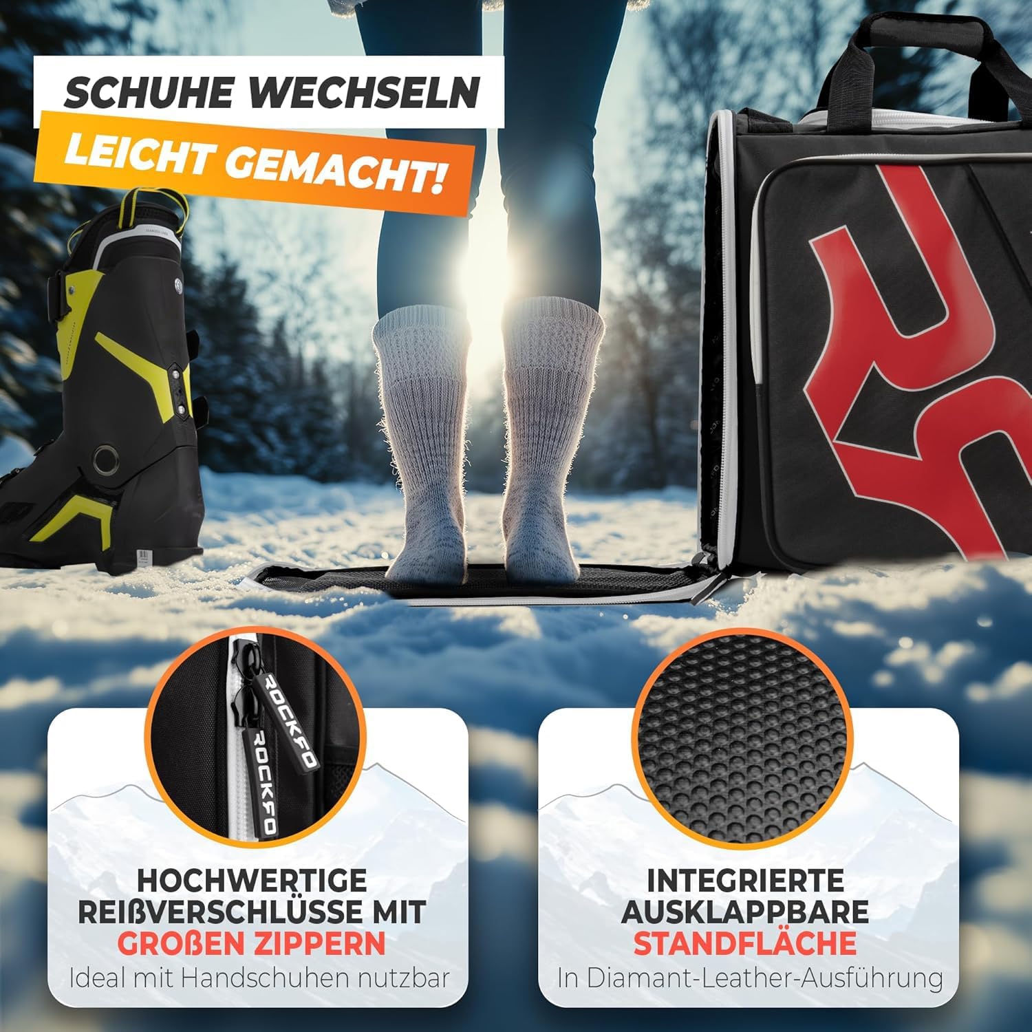 Skischuhtasche mit Helmfach, Robuste Tasche für Skischuhe, Wasserabweisende Skistiefeltasche mit Helmfach, Praktischer 7 Zonen Ski Rucksack für Ski Schuhe Helm Skibrille, 49L