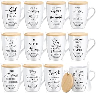 Patelai 12 Set Christian Mugs Bulk Christmas Church Gifts 12oz Inspirational Bible Verse Ceramic Coffee Mug with Lid Handle Spoon Religious Gifts for Sunday School Men Women Coworker(English)