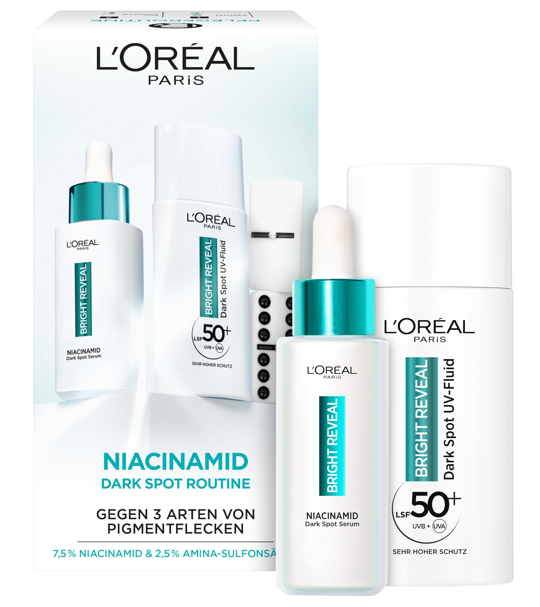 L'Oréal Paris Anti- Pigmentflecken Set: Bright Reveal Niacinamid Serum & UV Fluid LSF50, für strahlende & ebenmäßige Haut