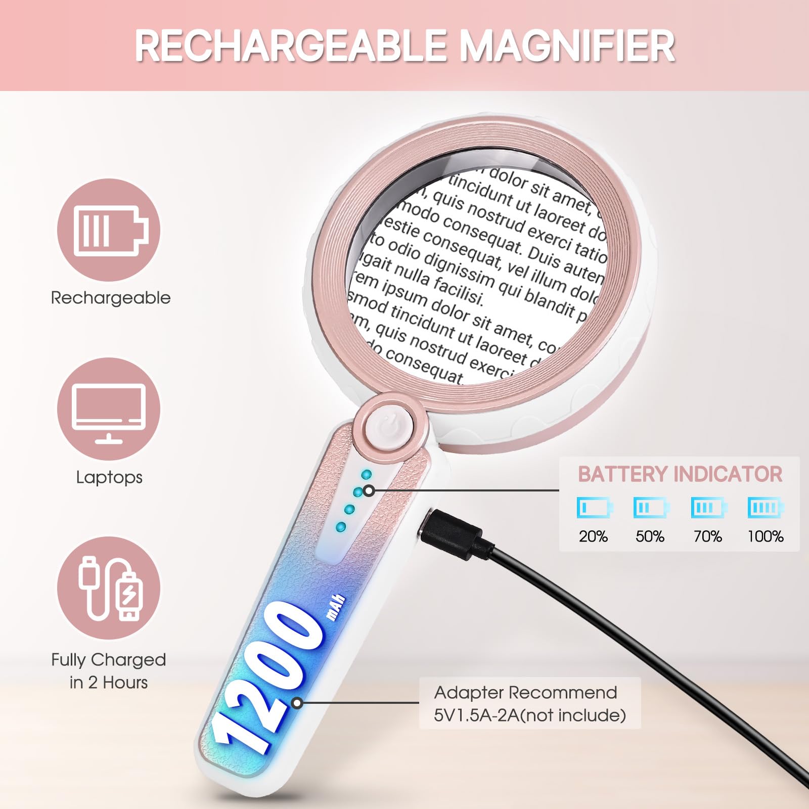 Lupa 45X con luz, 6 modos de color, lupa de mano grande de 4.6 pulgadas, recargable de 1200 mAh para mujeres, personas mayores de baja visión con degeneración macular, lectura, joyas, monedas
