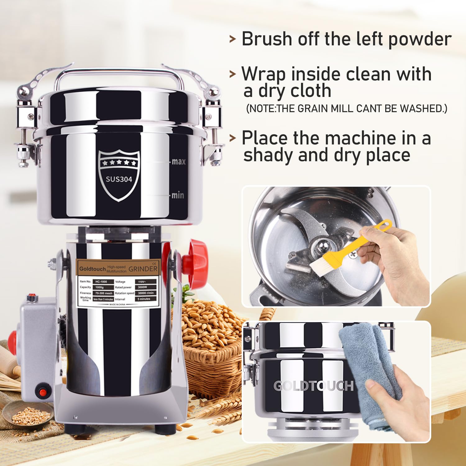 Goldtouch GetreidemüHle Elektrische 1000g 3000W Electric Grain Mill 30000U/min 304 Edelstahl Kommerzieller Motor mit Überlastschutz,70-300 Mesh Mehlmühle,Kornmühle für Reis,Sonnenblumenkerne,Zimt,Mais