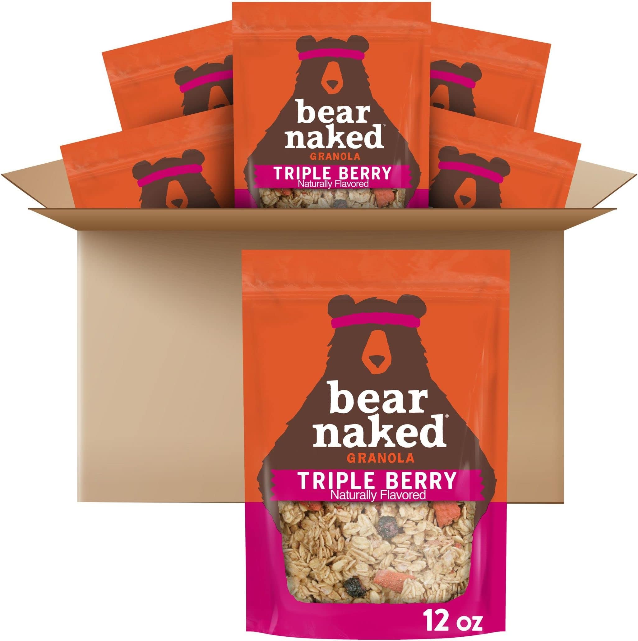 Bear Naked Granola Cereal, Vegan, Breakfast Snacks, Triple Berry Crunch (6 Bags)