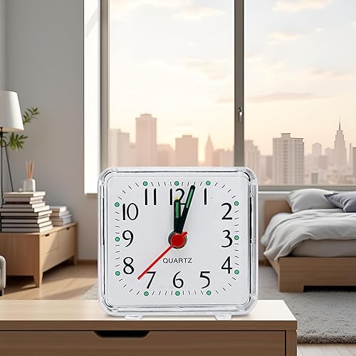 Miniatura 4 de BWESOO Reloj despertador blanco pequeño transparente cuadrado de cuarzo con pitido de mesa silencioso, reloj de noche silencioso con pilas, relojes