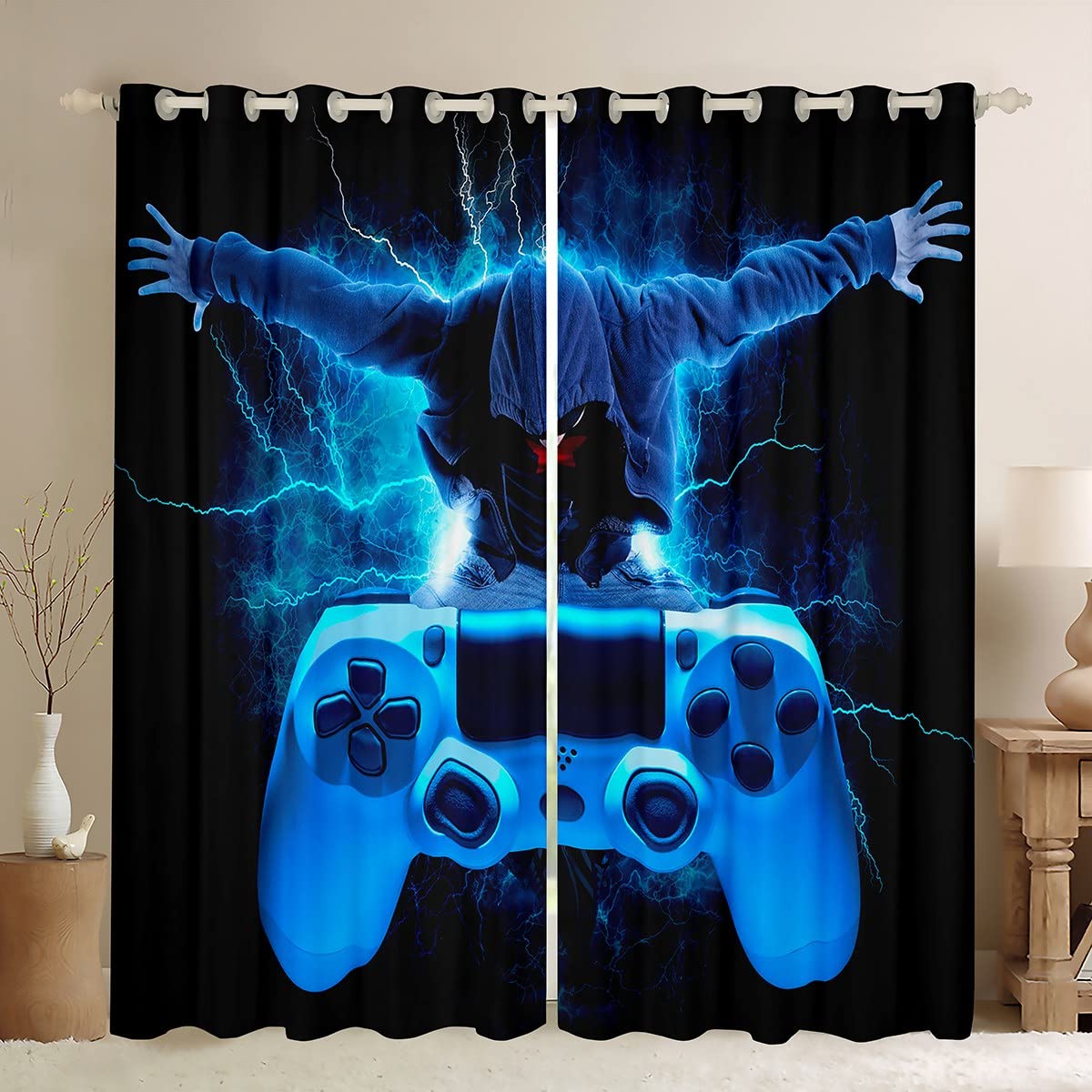 Tbrand Jungen Modern Gamer Blickdichte Vorhänge Blau Gamepad Fenstervorhang 175x140cm für Kinder Mädchen Spiel Controller Vorhänge Games Console Lightning Raumdekoration