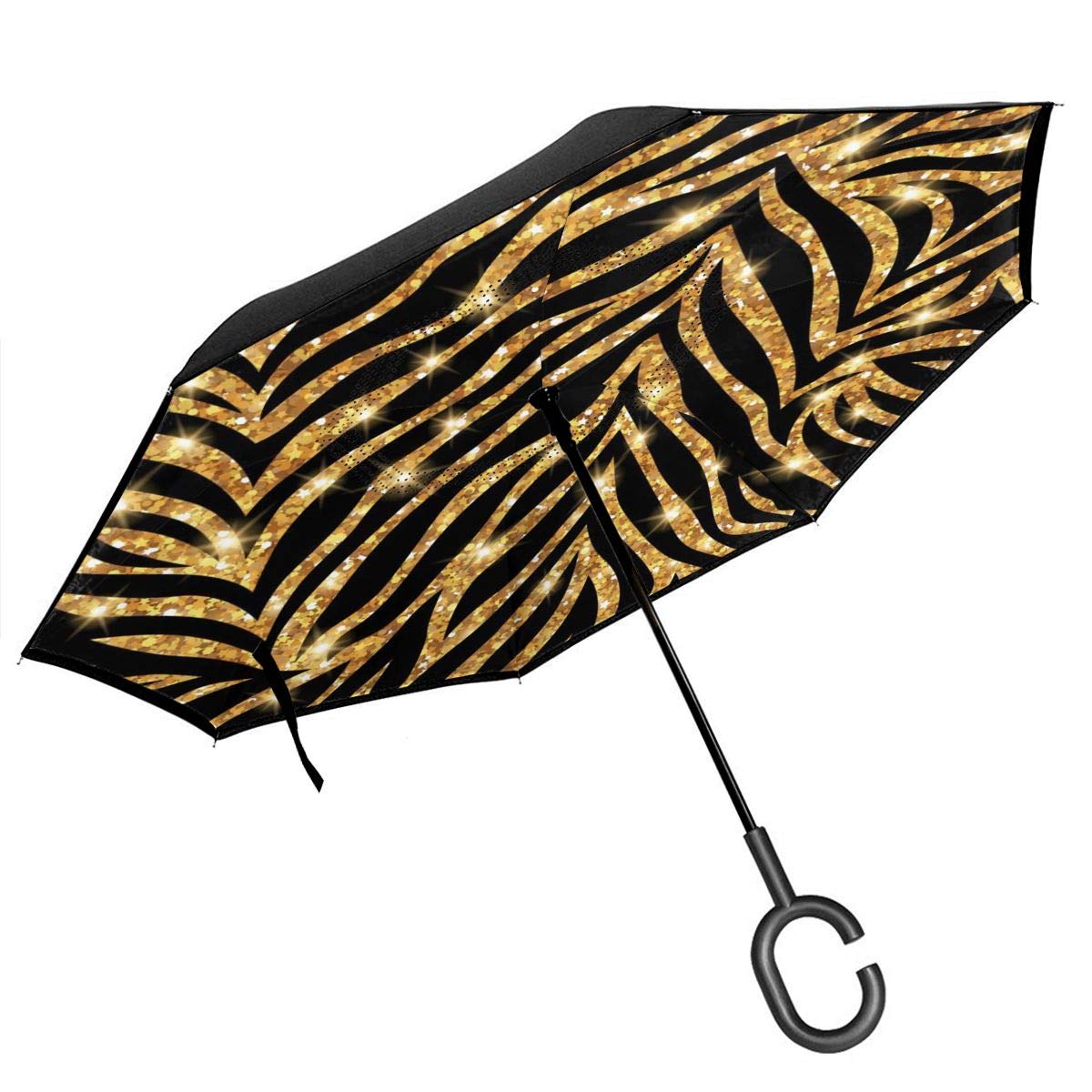 Gold Zebra Pattern C Shape Handle for Car Use,Windproof and Waterproof Reverse Folding Lightweight Umbrellas