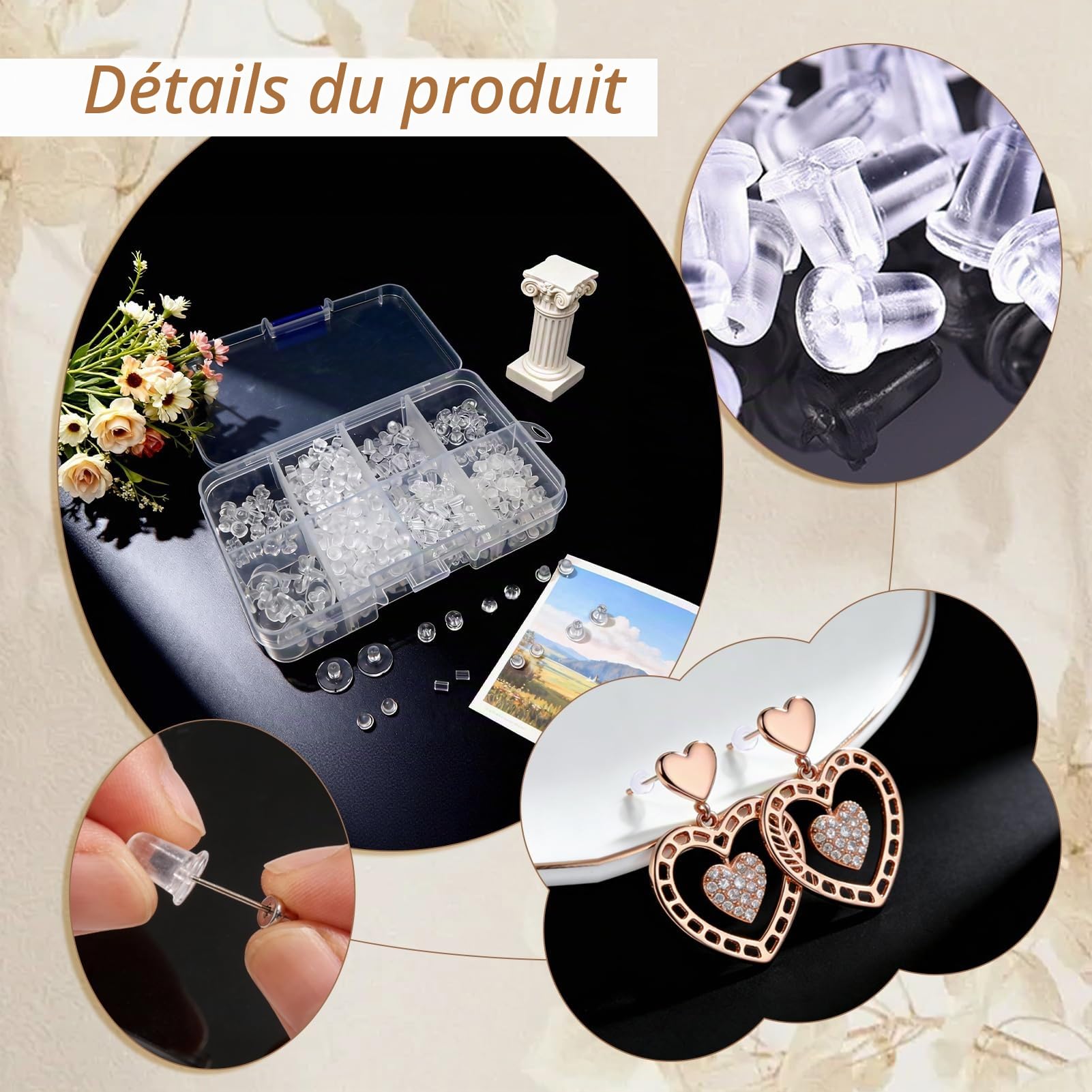 TOAOB 600 Pièces Fermoir Boucle d'Oreilles Silicone 8 Styles Plastique Transparent Hypoallergénique Taille Mixte pour Fabrication de Bijoux