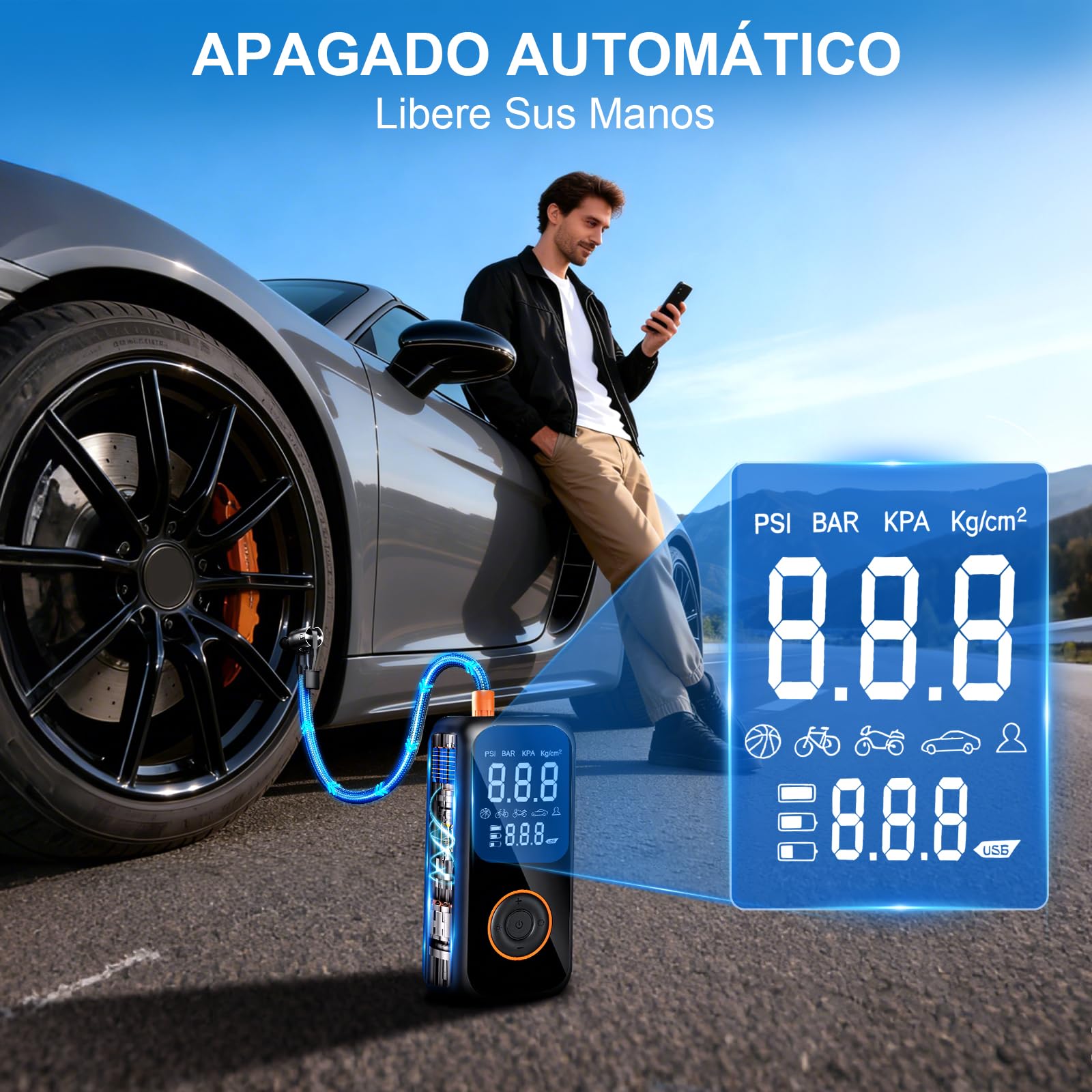 Mini Compresor Aire Portatil, 8000mAh Inflador Ruedas Coche | 150PSI Inflador Electrico Biciclet Con Pantalla LCD Digital y linterna LED