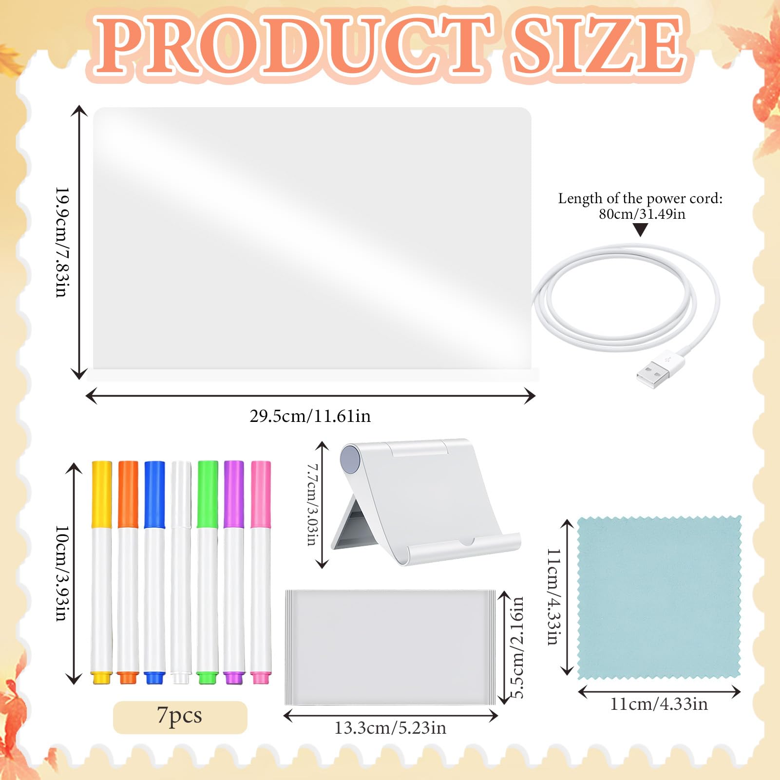 Tablero Acrílico Luminoso LED Mensaje 20x30 cm 7 Colores Bolígrafo Soporte Ajustable