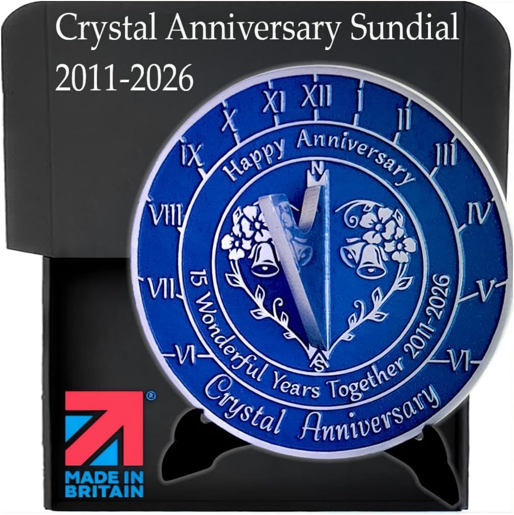 Anniversary Sundial Gift for 15th Crystal Wedding Anniversary in 2026 - Recycled Metal Home Decor Or Garden Present Idea - Handmade in UK for Him, Her Parents Or Couples 15 Year Celebration