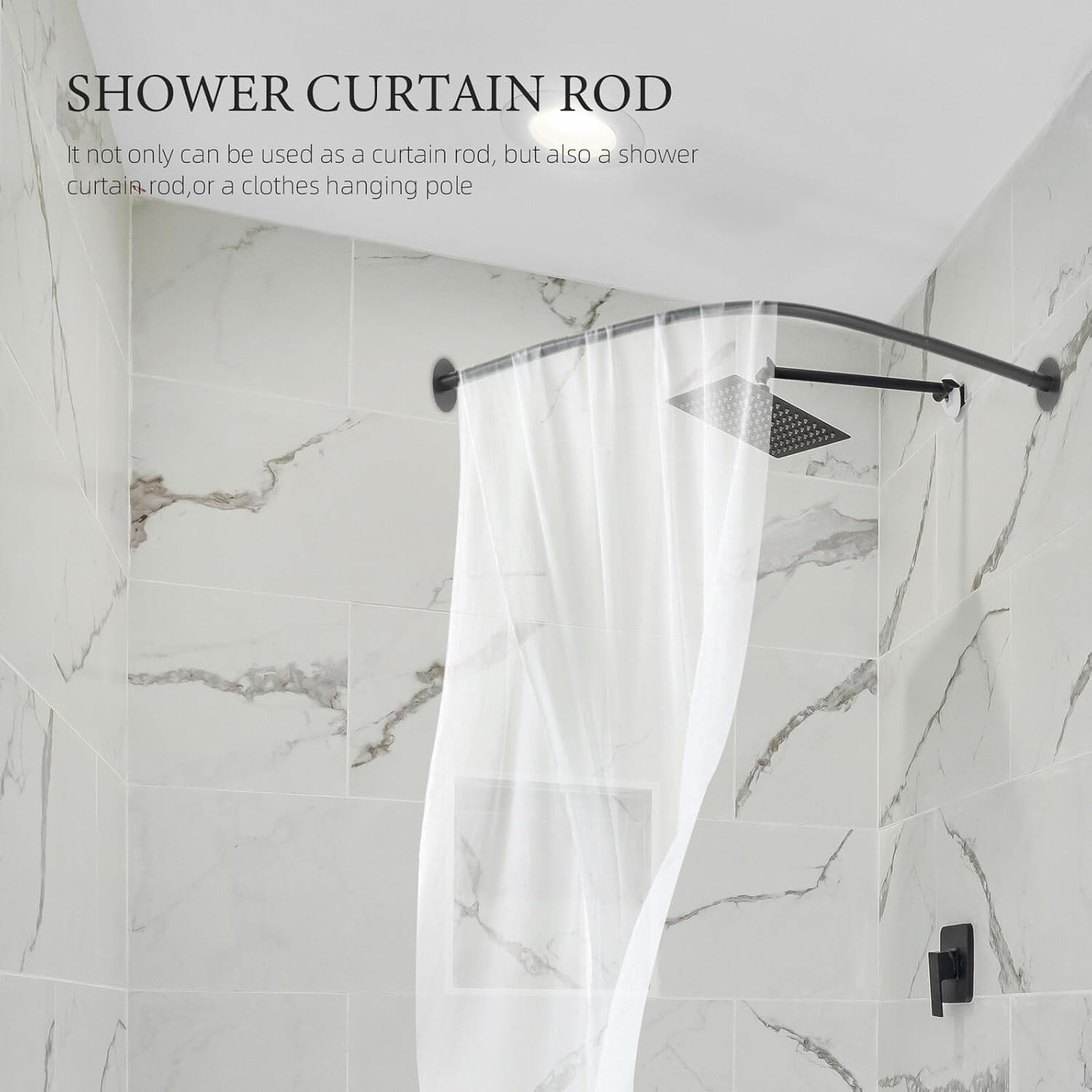 Curved Adjustable Tension Curtain Rod Black Telescopic Shower Rod No-drill Extendable Clothes Rail Heavy Duty Bathroom Accessory