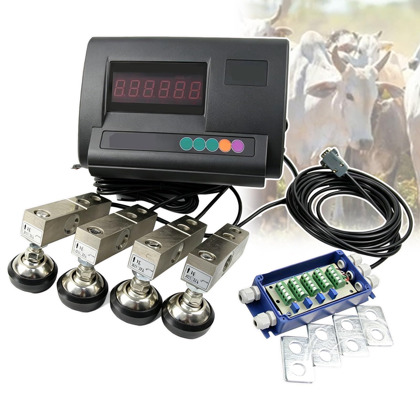 Kit de báscula for ganado de 11000 libras, indicador de alta precisión, plataforma de pesaje de piso impermeable con 4 celdas de carga de compresión de vigas de acero