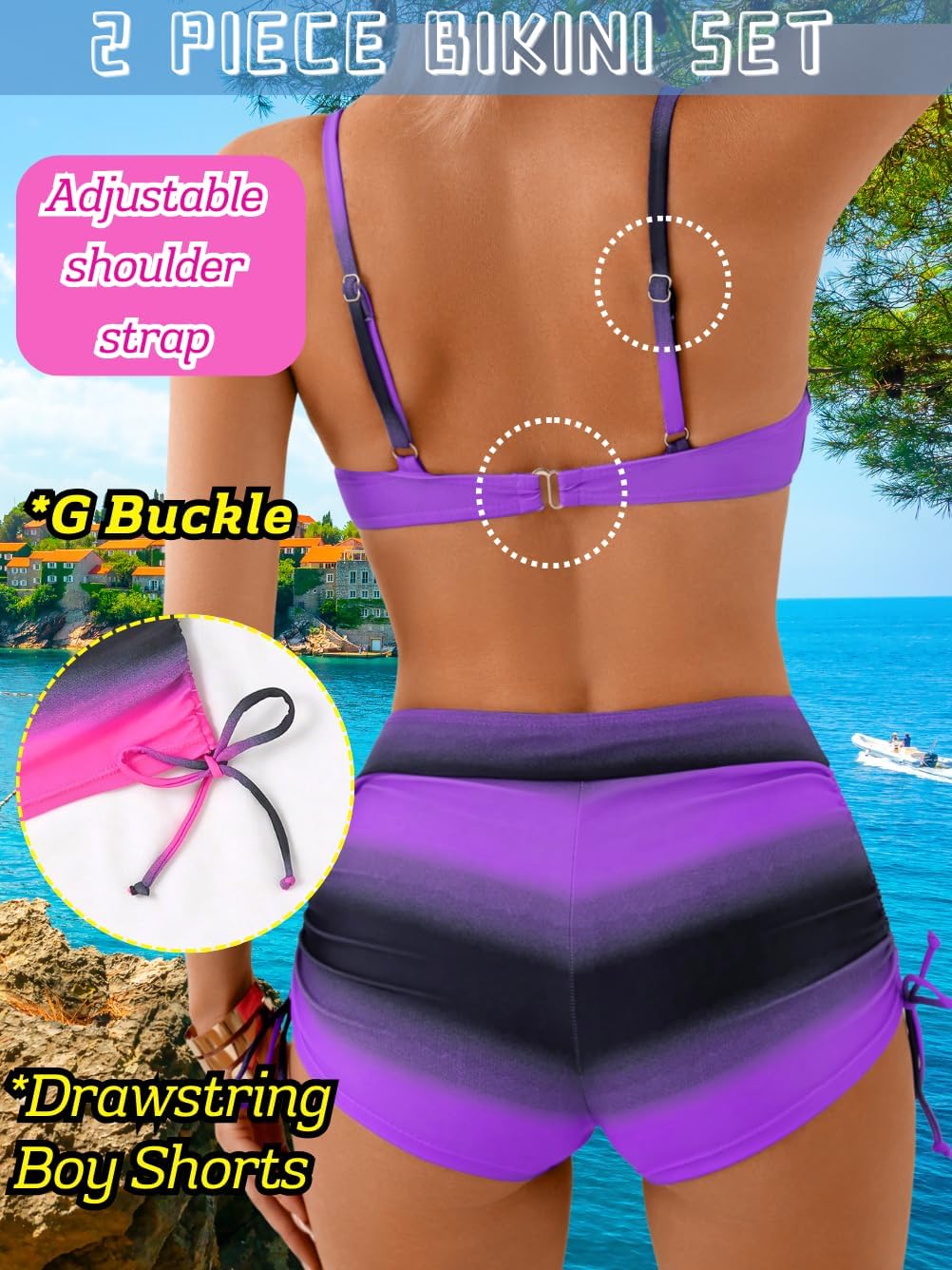 Women High Waisted Molded Cup Bikini Sets, Underwire Push Up Striped Swimsuits, Bathing Suit with Boy Shorts 2 Piece - Image 3