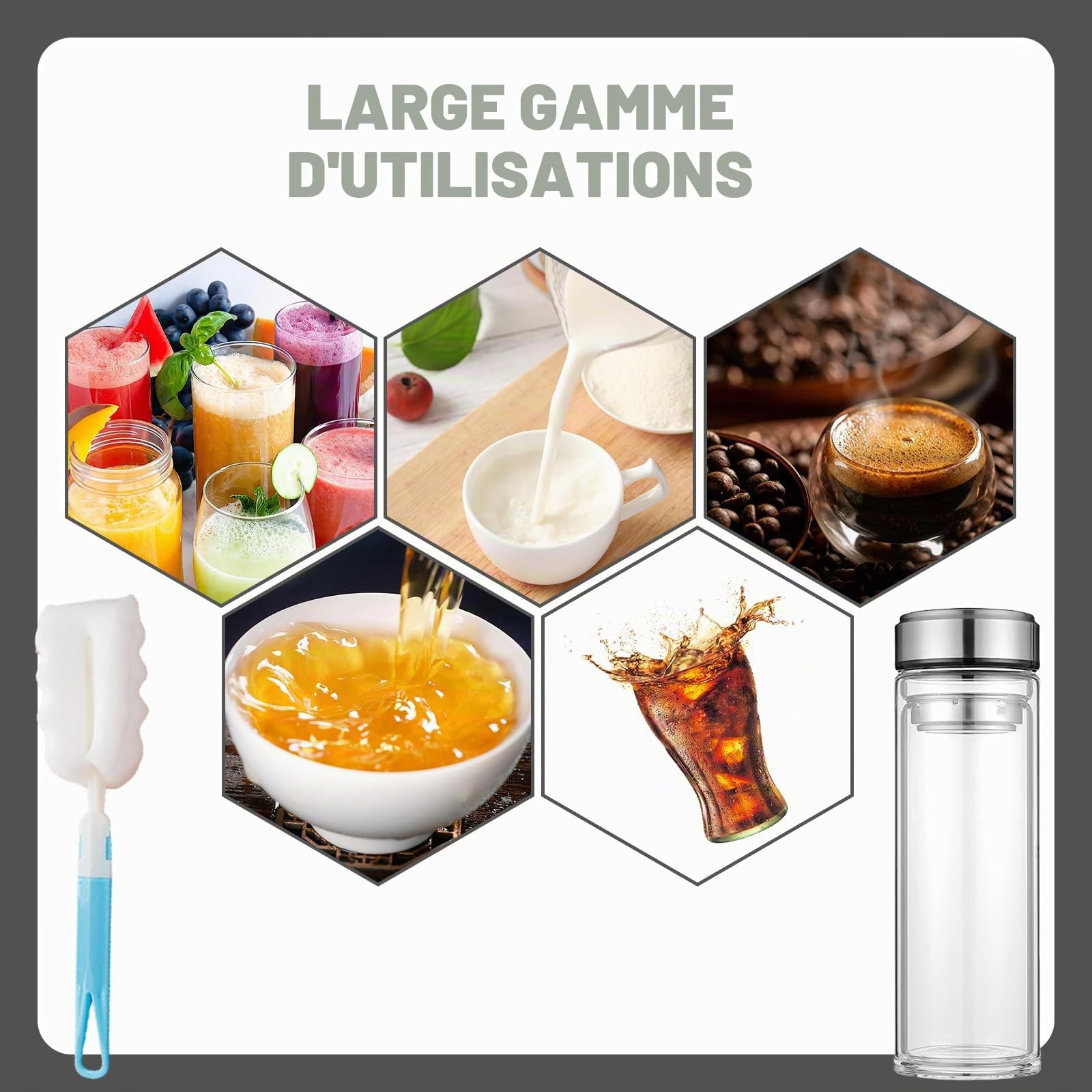 Bouteille en verre de 1 litre, gourde à double paroi de 1 l, gourdes avec brosse, ensembles de tasses, bouteille à thé avec passoire à emporter