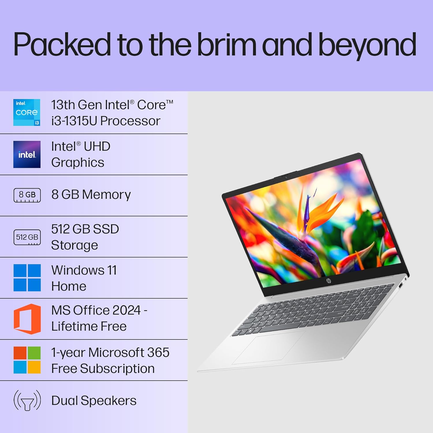 HP 15, 13th Gen Intel Core i3-1315U (8GB DDR4, 512GB SSD), Anti-Glare, Micro-Edge, 15.6''/39.6cm, FHD, Win 11, M365 Basic(1yr)* Office2024, Silver, 1.59kg, fd0465TU, UHD Graphics, FHD Camera Laptop 28 712BfFsHAUL. SL1500