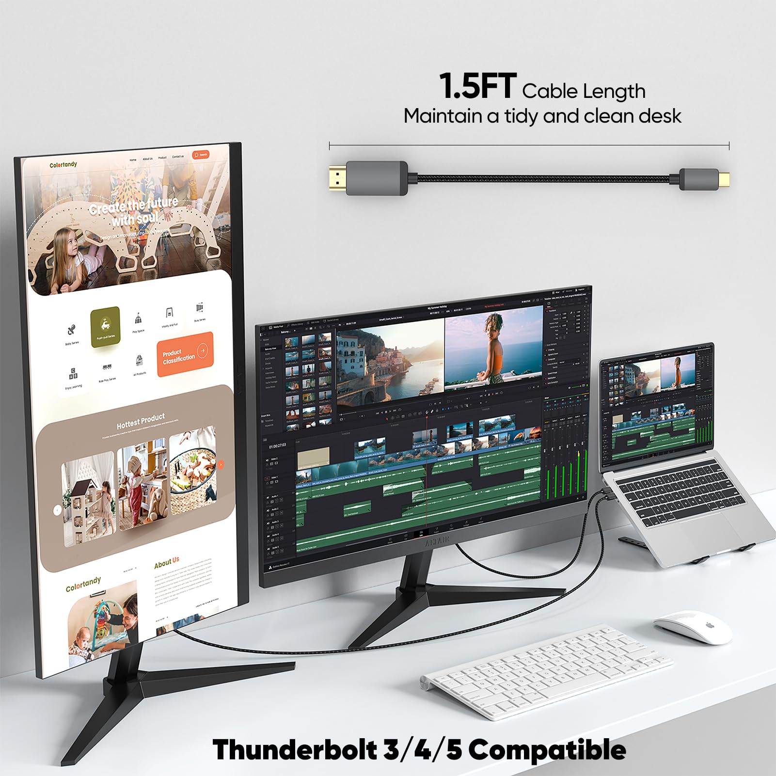 Krótki kabel USB C na HDMI 4K 1,5FT, przewód typu C na HDMI, cienki kabel USB C do HDMI, Thunderbolt 3/4/5 do komputera, monitora, telewizora, projektora, Galaxy S8 do S25, iPhone'a 15/16, MacBooka