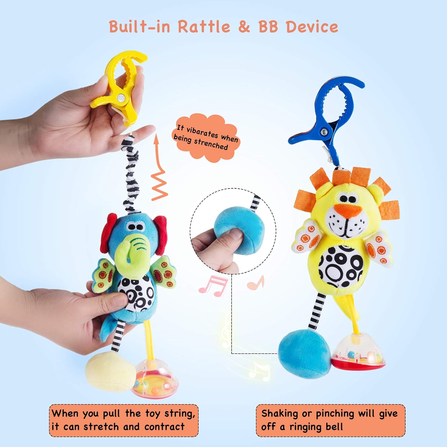Raneylity - 2 Pack Colorful Animal Rattle Toys for Babies with Sound - Baby Hanging Plush Toy Clip on Pram, Pushchair, Crib, Car Seat - Infants Sensory Toys for 3~12 Months Old Boys and Girls : Toys & Games
