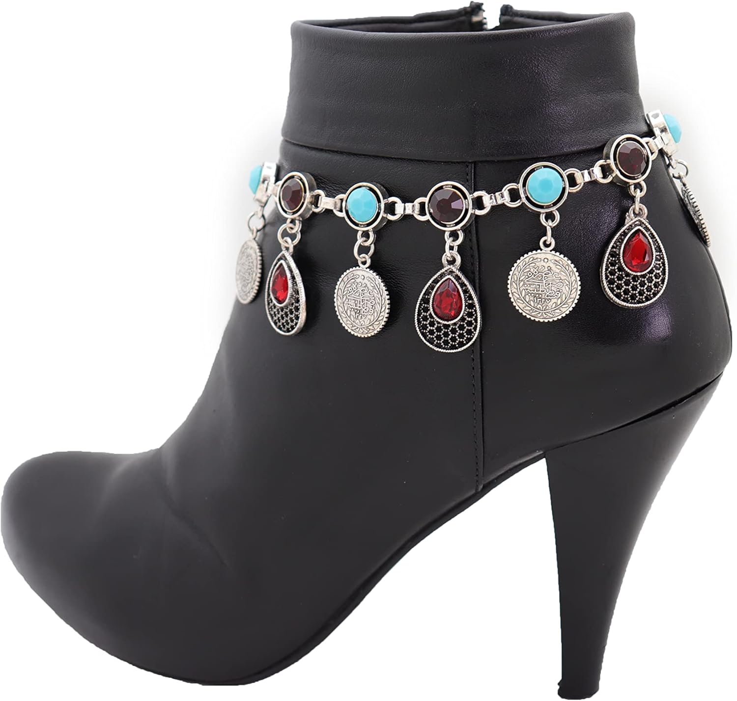 TrendyFashionJewelry Women Fashion Western Brown Boot Bracelet Chain Shoe Anklet Ethnic Turquoise Charm Silver Silver turquoise blue brown One size - adjustable size