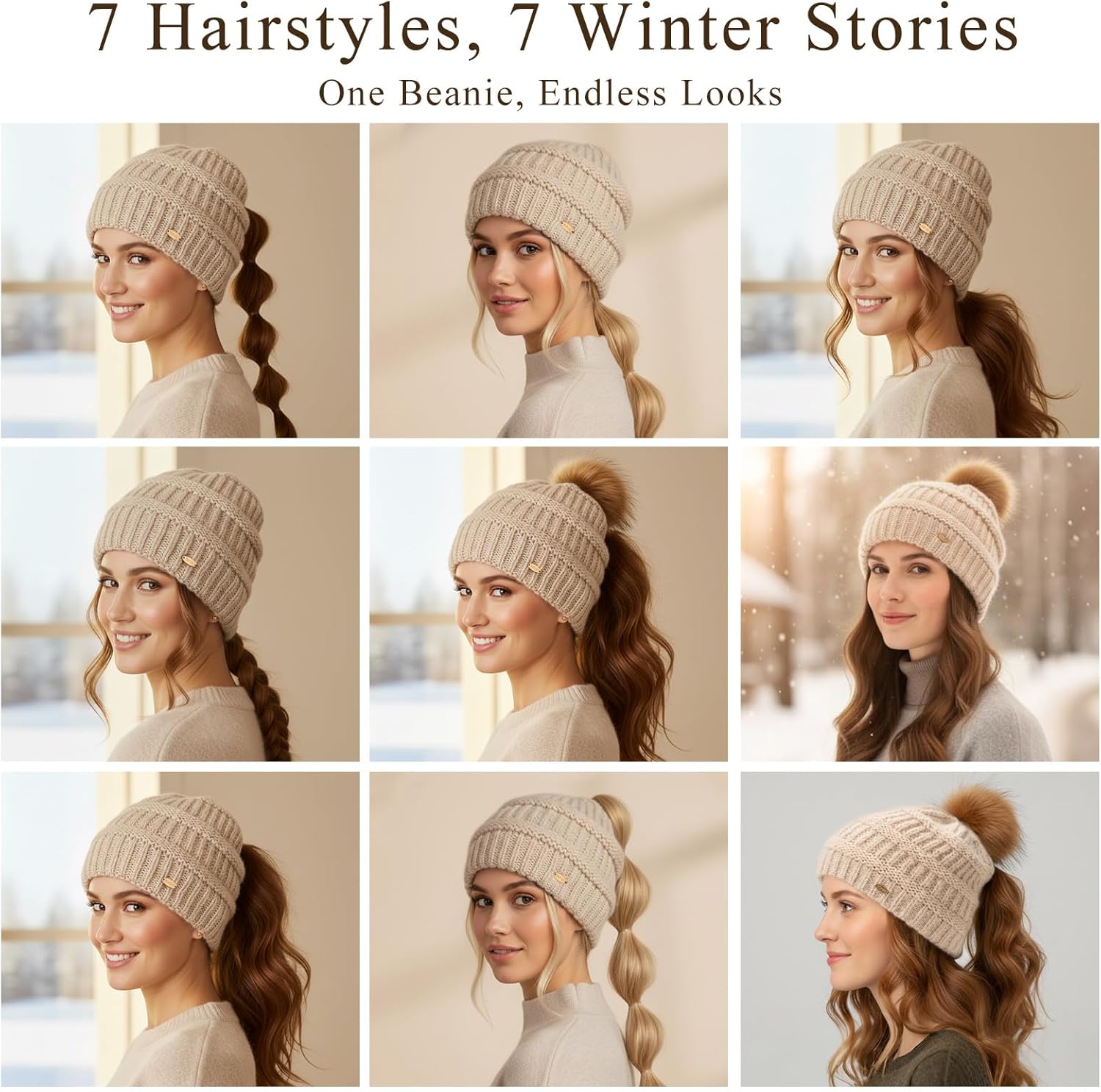 TOP-EX Women’s Winter Beanie Hat Chestnut Brown, Merino Wool Fleece Lined Knit Cap with Hidden Ponytail Hole and Detachable Faux Fur Pom, Warm Cozy Thermal Hat for Cold Weather Ski - Image 3