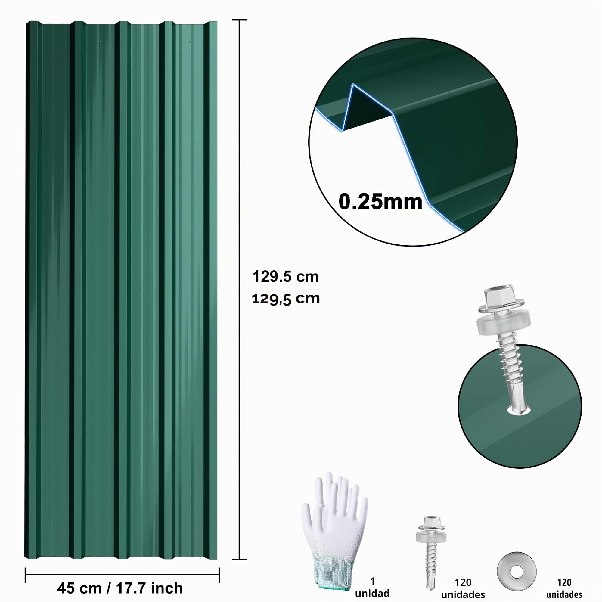 NAIZY Chapa trapezoidal galvanizada, 129,5 x 45 cm, 12 unidades, incluye guantes y tornillos con arandelas de sellado, chapa de metal, fácil montaje y durabilidad, color verde