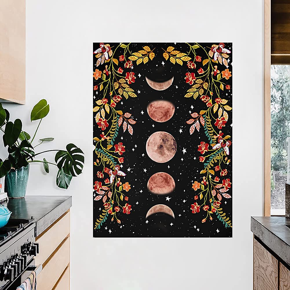 Moonlit Garden Wall Art Prints, Black Moon Phase Flowers Vines Plant Wall Art Poster Bedroom Living Room Decoration (Black)