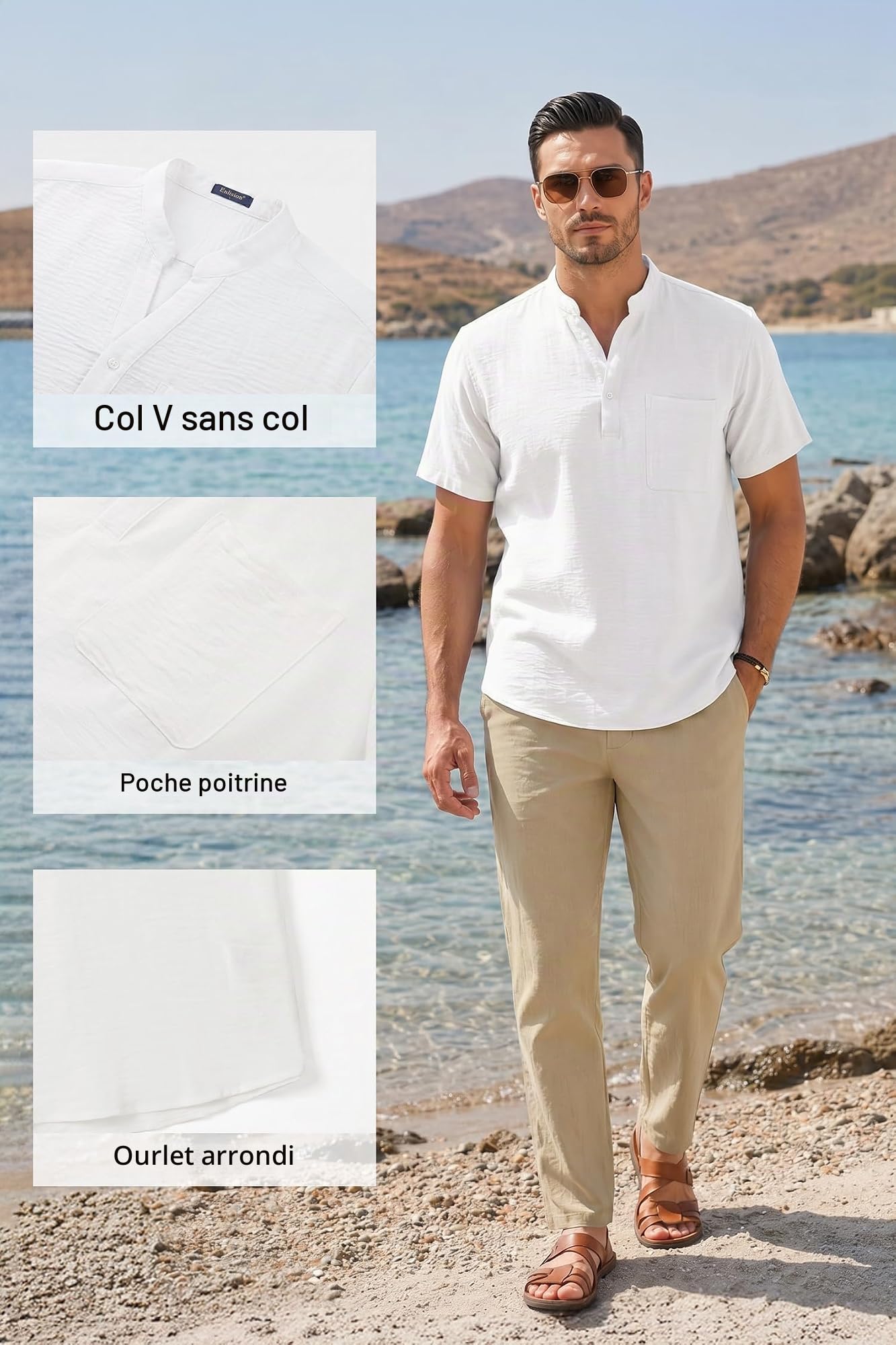 Enlision Chemise Homme Manches Courtes Lin et Coton, Chemises Été sans Col en V Léger à Bouton et Poche Poitrine, Tenue Décontractée Plage Casual T Shirt Taille S-4XL