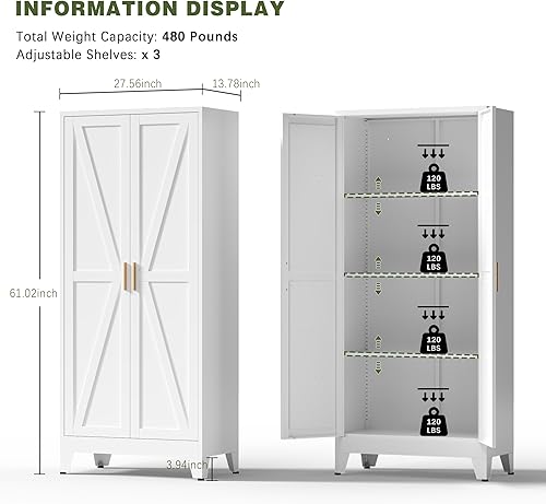 Miniatura 2 de COFaR Armario blanco de despensa de cocina con 2 puertas de granero, 3 estantes y patas ajustables, para armario, comedor, baño, sala de estar,