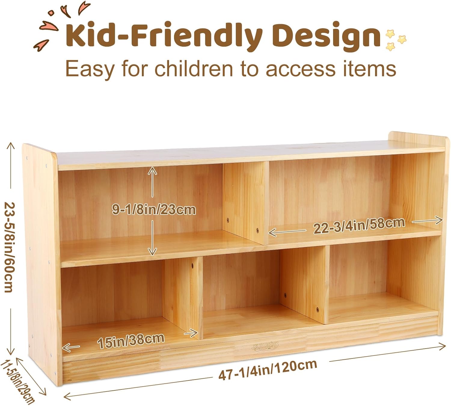 Montessori Shelf, 47-1/4 L Toy Shelf, Toy Storage Organizer with 2-Layer Bookshelf, 5-Section Wooden Storage Cabinet, Bookshelf for Kids Rooms, Playroom, School, Nursery