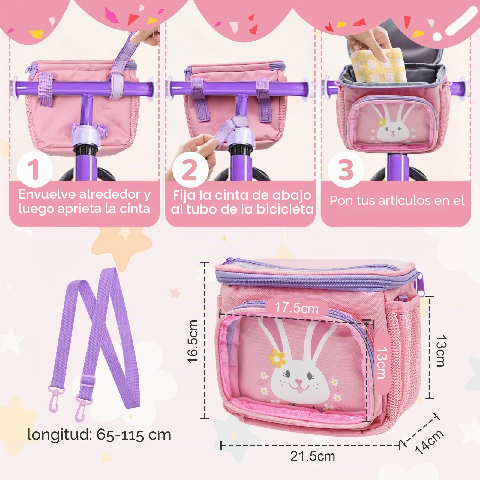 Cyiecw Bolsa de manillar para niños con correa para el hombro, cesta delantera para niños y niñas, resistente al agua, accesorios de bicicleta para bicicleta, triciclo, scooter, scooter