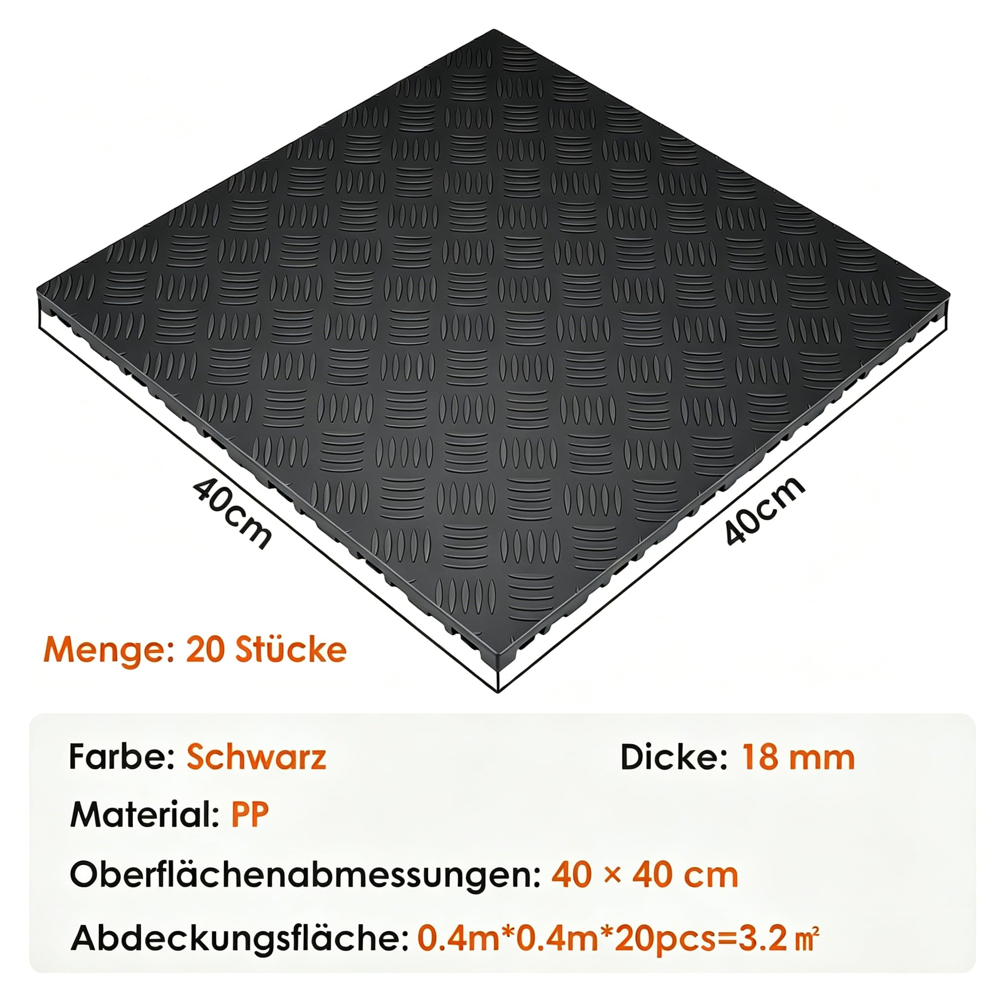 Garagenmatten PVC, 20 Stück, 40x40 cm, 18mm, schwarz | Ineinandergreifend, Rutschfest, Für Autowerkstätten, Für Garagen, Für Keller