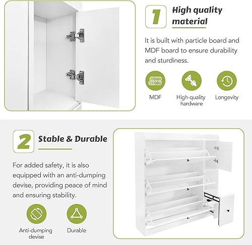 Miniatura 4 de Linique Zapatero versátil con 3 cajones abatibles, organizador de entrada de almacenamiento máximo con cajón, zapatero independiente con asiento