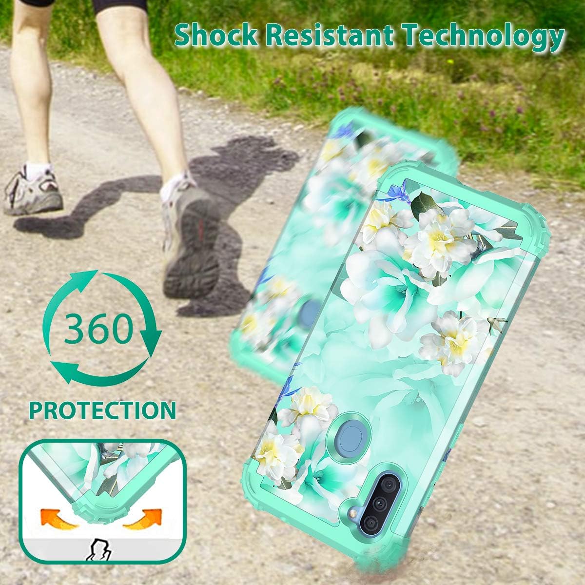 Casetego Compatible with Galaxy A11 Case,Floral Three Layer Heavy Duty Sturdy Shockproof Full Body Protective Cover Case for Samsung Galaxy A11,Green/White.