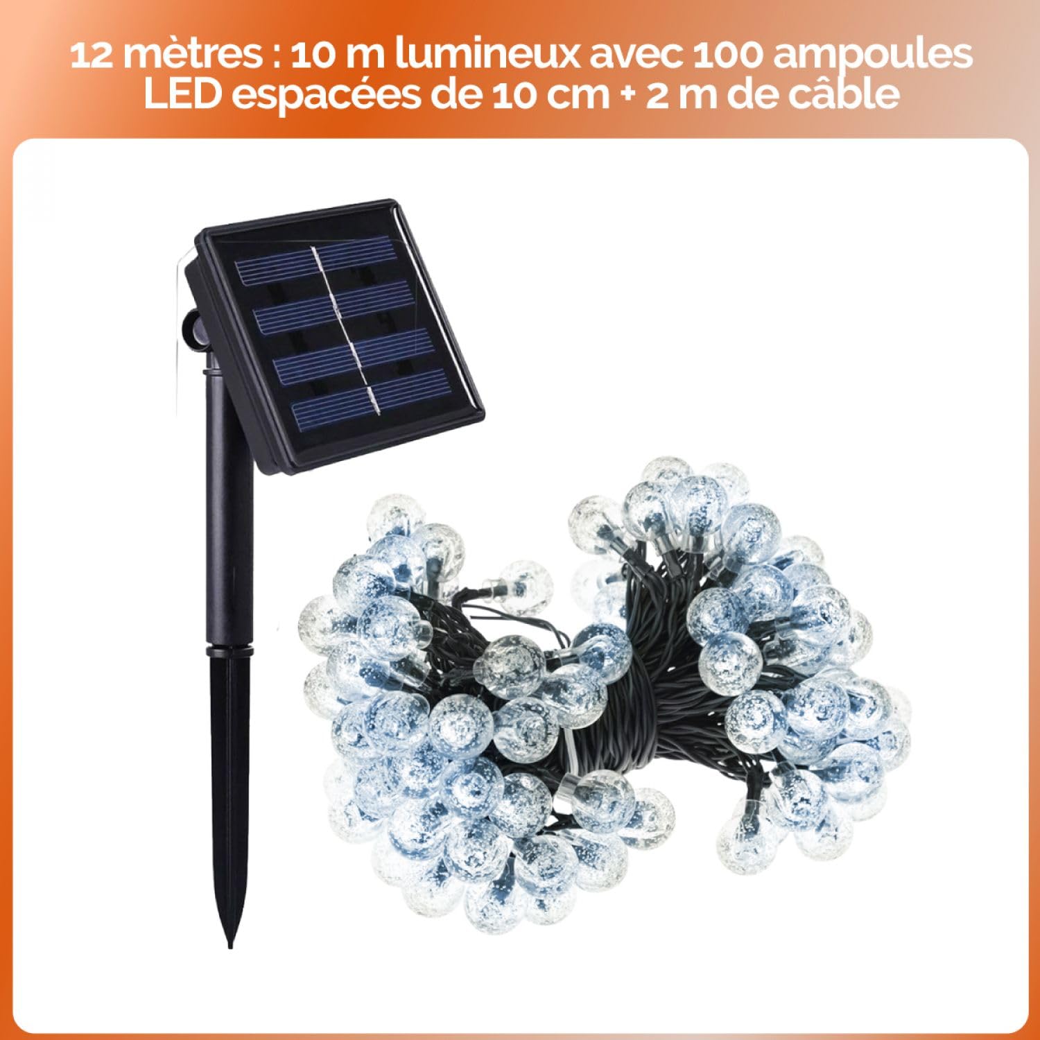 Linxor - Set di 4 ghirlande solari luminose da esterno per giardino o terrazza - Grandi lampadine LED Ø 2,2 cm, 8 modalità - 12 m - Bianco freddo