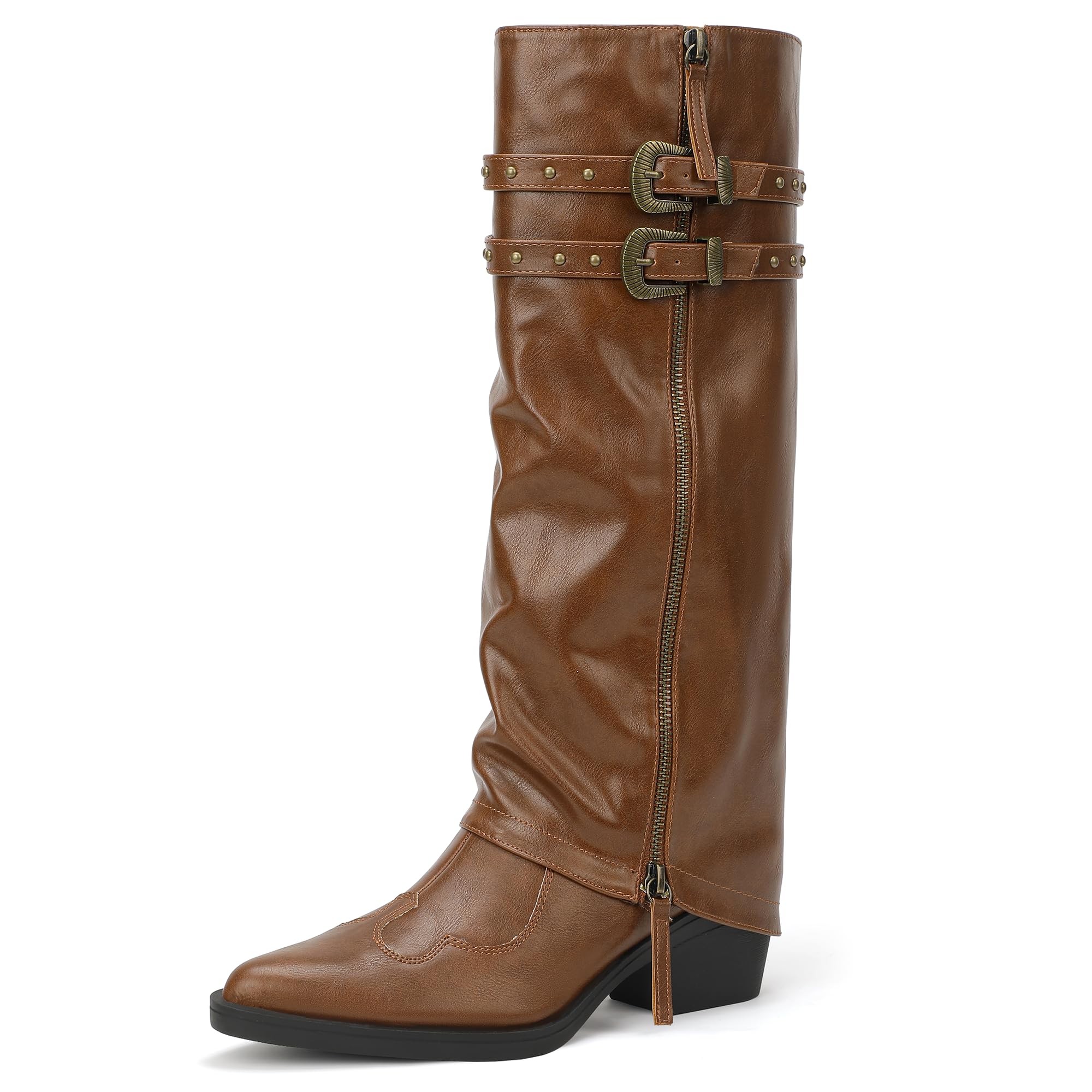 IDIFU IN2 Women Fold Over Cowboy Boots Slouchy Cowgirl Knee High Boots Pointed Toe Low Short Block Chunky