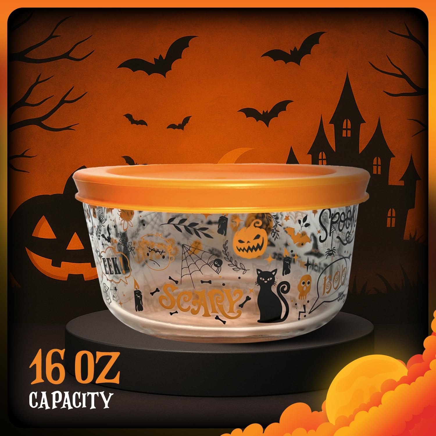 DURA LIVING Halloween Glass Food Storage Containers with Lids | Set of 6 (3 Containers + 3 Lids) 2-Cup | Spooky Design, BPA-Free, Microwave & Dishwasher Safe|Perfect for Meal Prep, Snacks & Leftovers