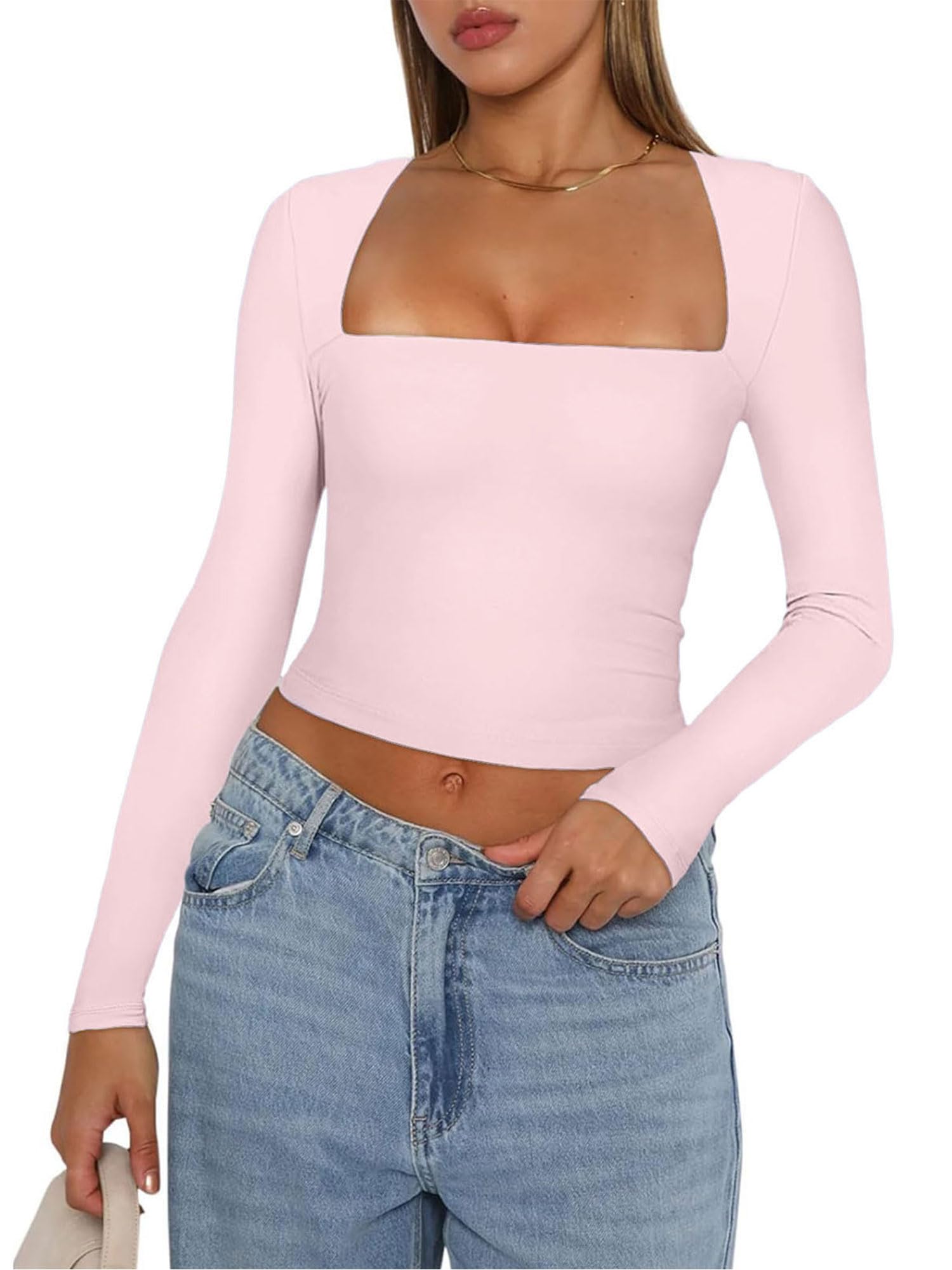Women Sexy U Neck Goting Out Crop Tops Casual Basic Tops T-Shirt Long Sleeve Tight Shirt Blouse Tee Tops (Pink, L)