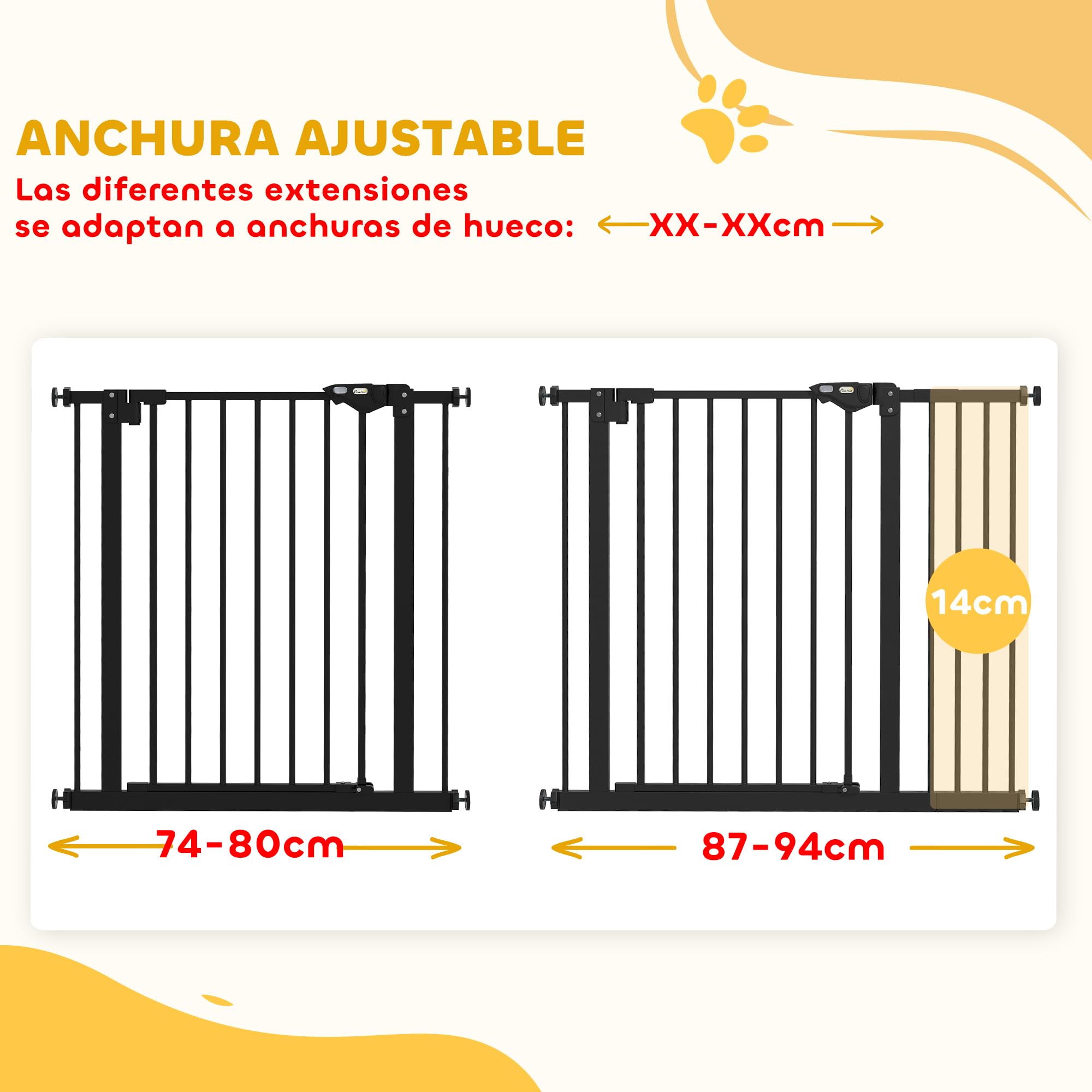 PawHut Barrera de Seguridad para Perros Extensible 74-94 cm Negro | para Puertas y Escaleras, Cierre Automático, Montaje a Presión, Doble Bloqueo, 3 Extensiones 17,5/20,3/30,5 cm