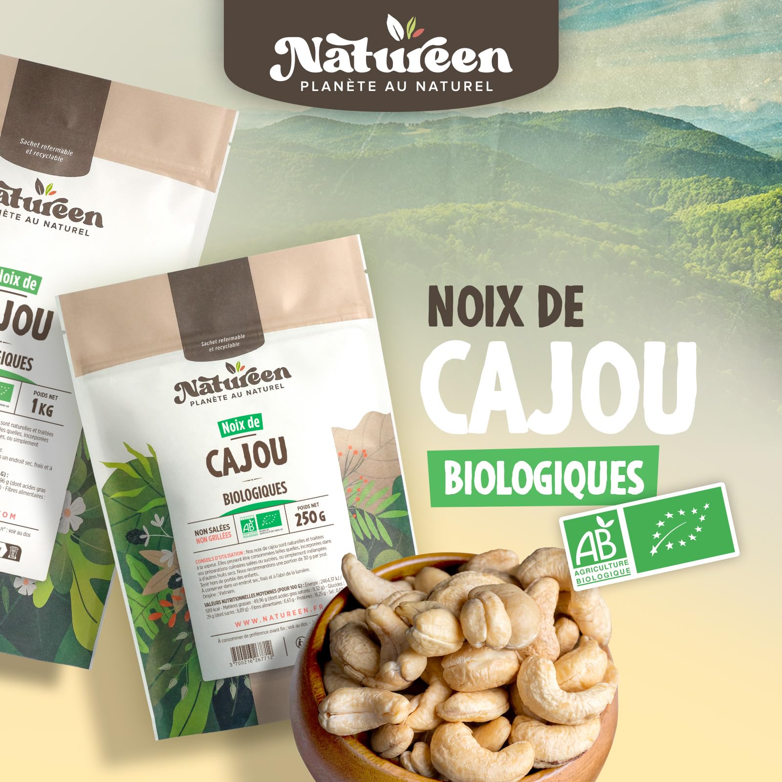 Noix de Cajou Bio 1 kg - Décortiquées - Non Salées - Non Grillées