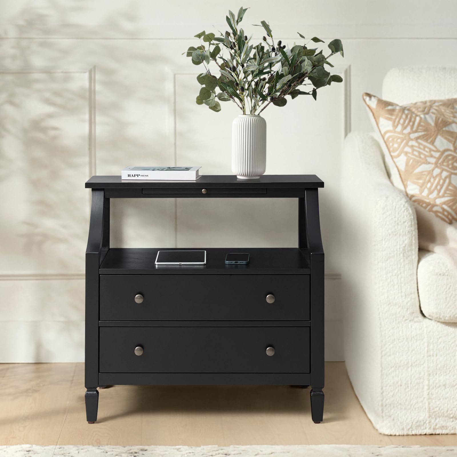 HULALA HOME Large Farmhouse End Table with Charging Station, Mid-Century Modern 2 Drawer Dresser, End Tables with Pull Out Shelf and Hidden Storage