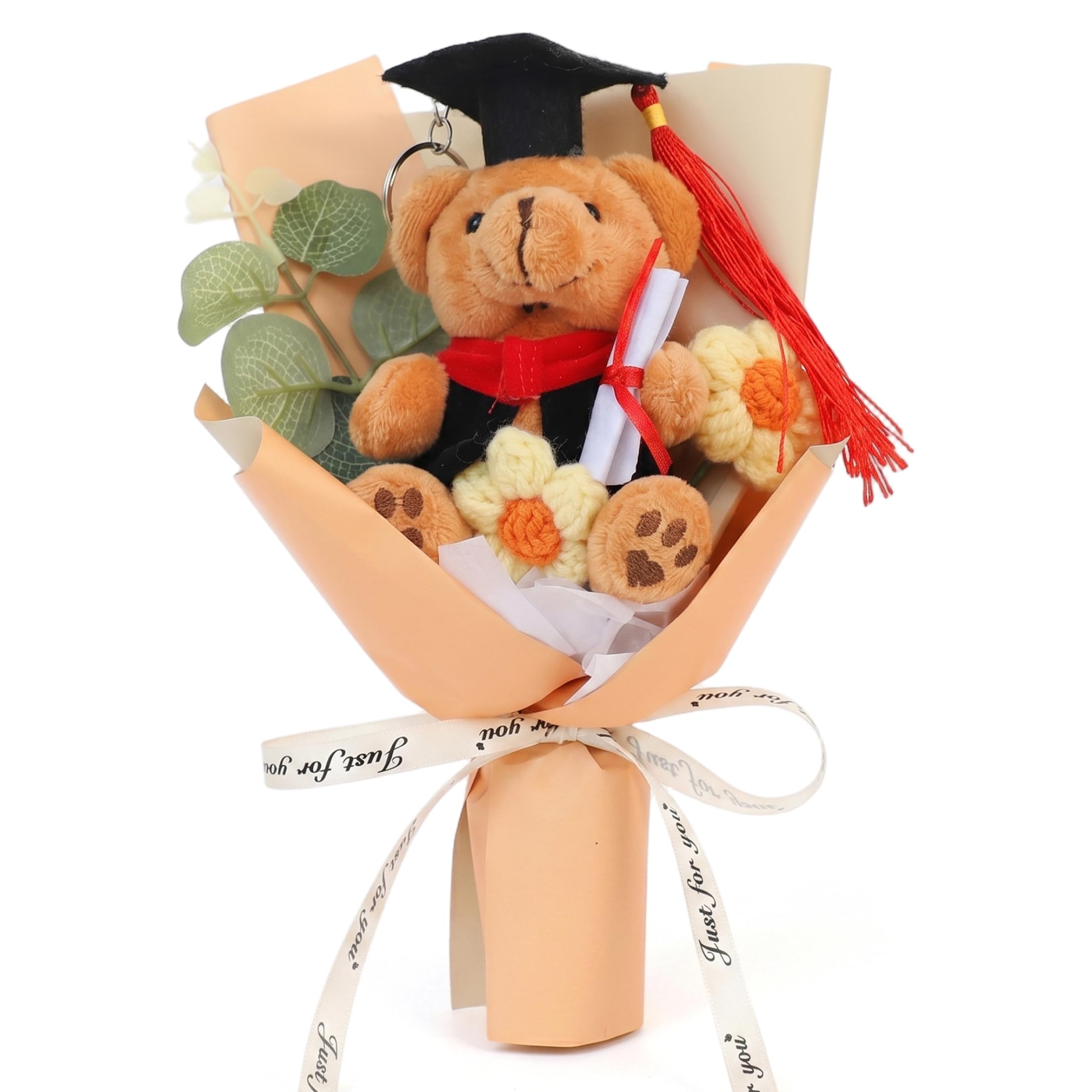 Bemonew Graduation Crochet Bouquet, Graduation Bouquet With Hand-knitted Flowers & Grad Bear for Daughter Son Party Favors, Yellow
