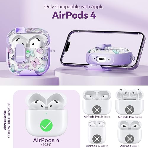 Miniatura 2 de Funda con bloqueo de seguridad para Apple AirPods 4, bonita funda transparente floral para AirPod de 4 generación con soporte para teléfono y kit de