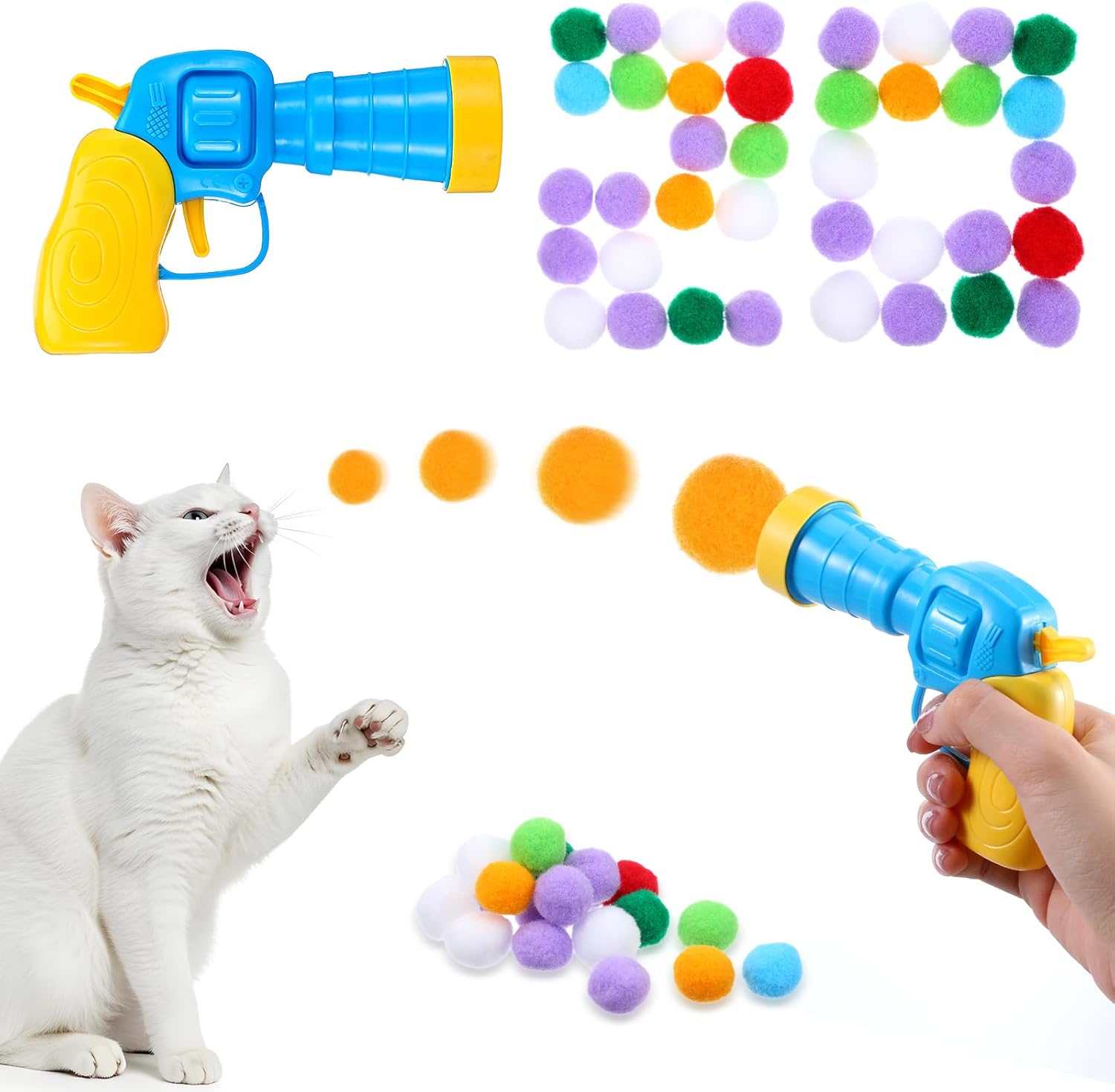 Cat Toy Ball Launcher with 20pcs 0.98”Plush Fuzzy Balls, Funny Cat Toy Launcher, Soft Safe Fetch Gog Enrichment Cats Toys, for Bored Indoor Cats Dogs Kitten Interaction Exercise cat’s birthday