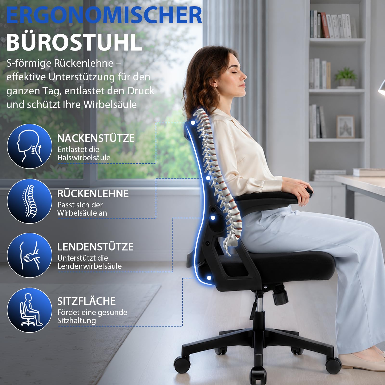 Ergonomischer Bürostuhl mit Mesh Rückenlehne, klappbaren Armlehnen und Wippfunktion, Schreibtischstuhl mit atmungsaktivem Netzgewebe, Drehstuhl für Homeoffice und Büro, Schwarz