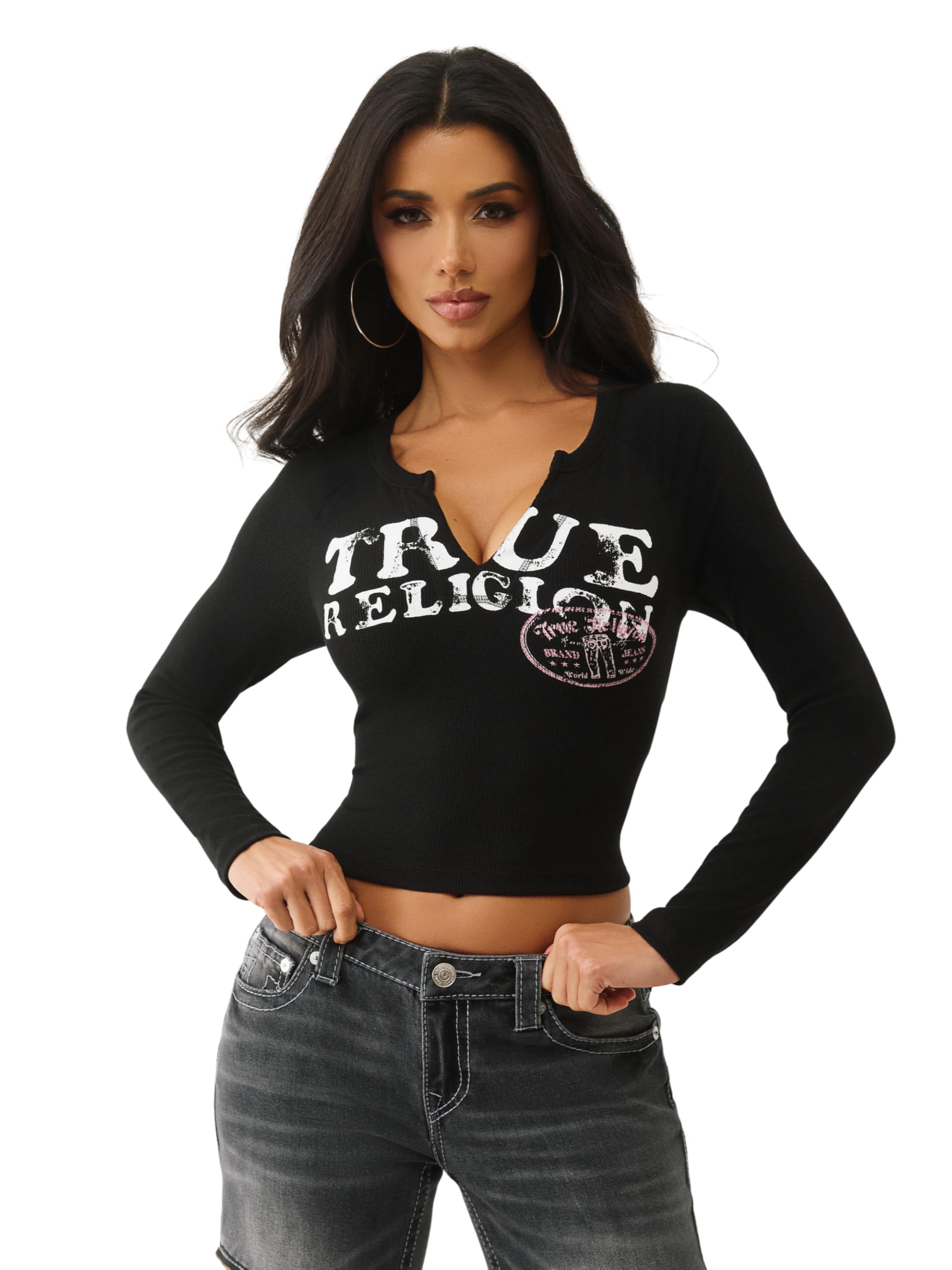 Amazon | True Religion レディース リブ編みVノッチ長袖Tシャツ 
