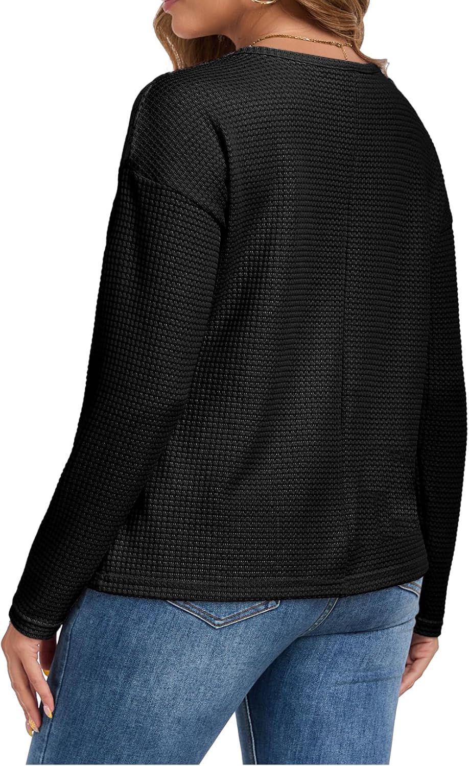 Waffle Knit Tops Women Lace Crew Neck Long Sleeves Shirts Dressy Casual Blouses Basic - Image 4