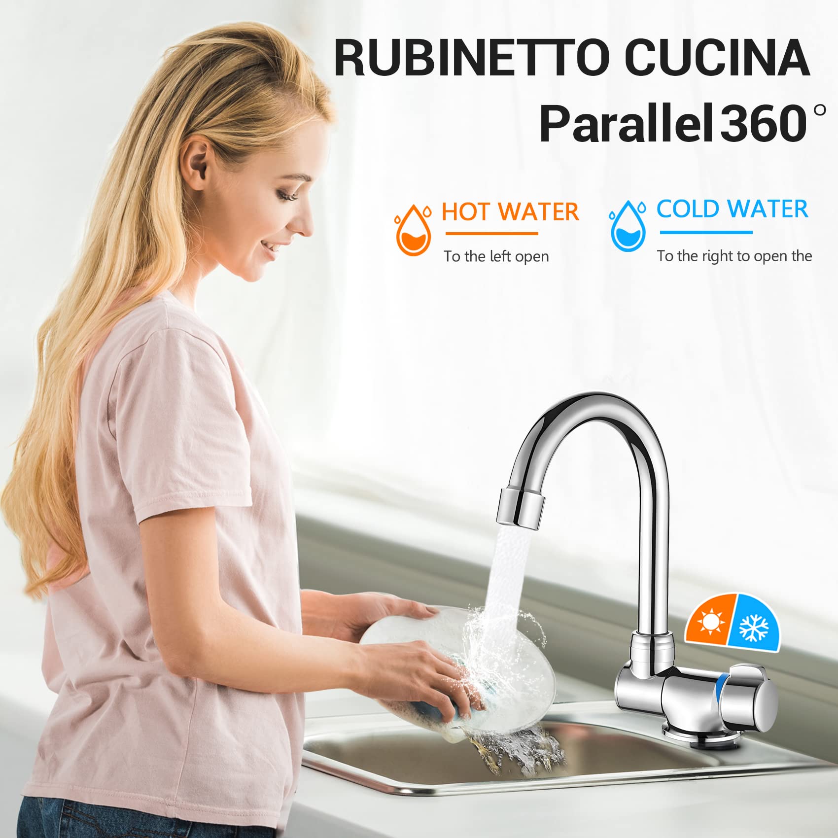 Grifo de cocina plegable y giratorio de 360 grados - Mezclador de agua fría y caliente con una sola mano de cobre para barcos de camping-Car