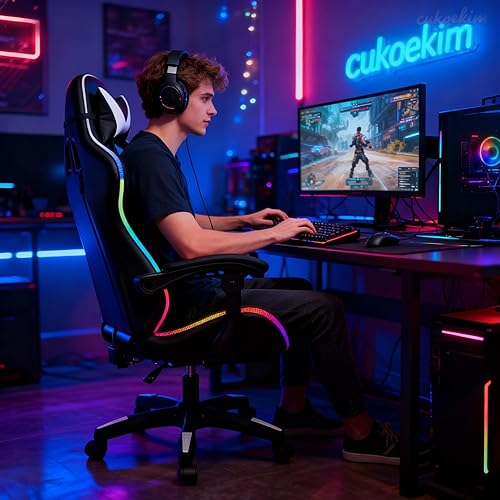 Miniatura 2 de Silla de juegos con altavoces Bluetooth y luces LED, silla ergonómica de masaje para computadora, altura ajustable, silla de videojuegos con asiento