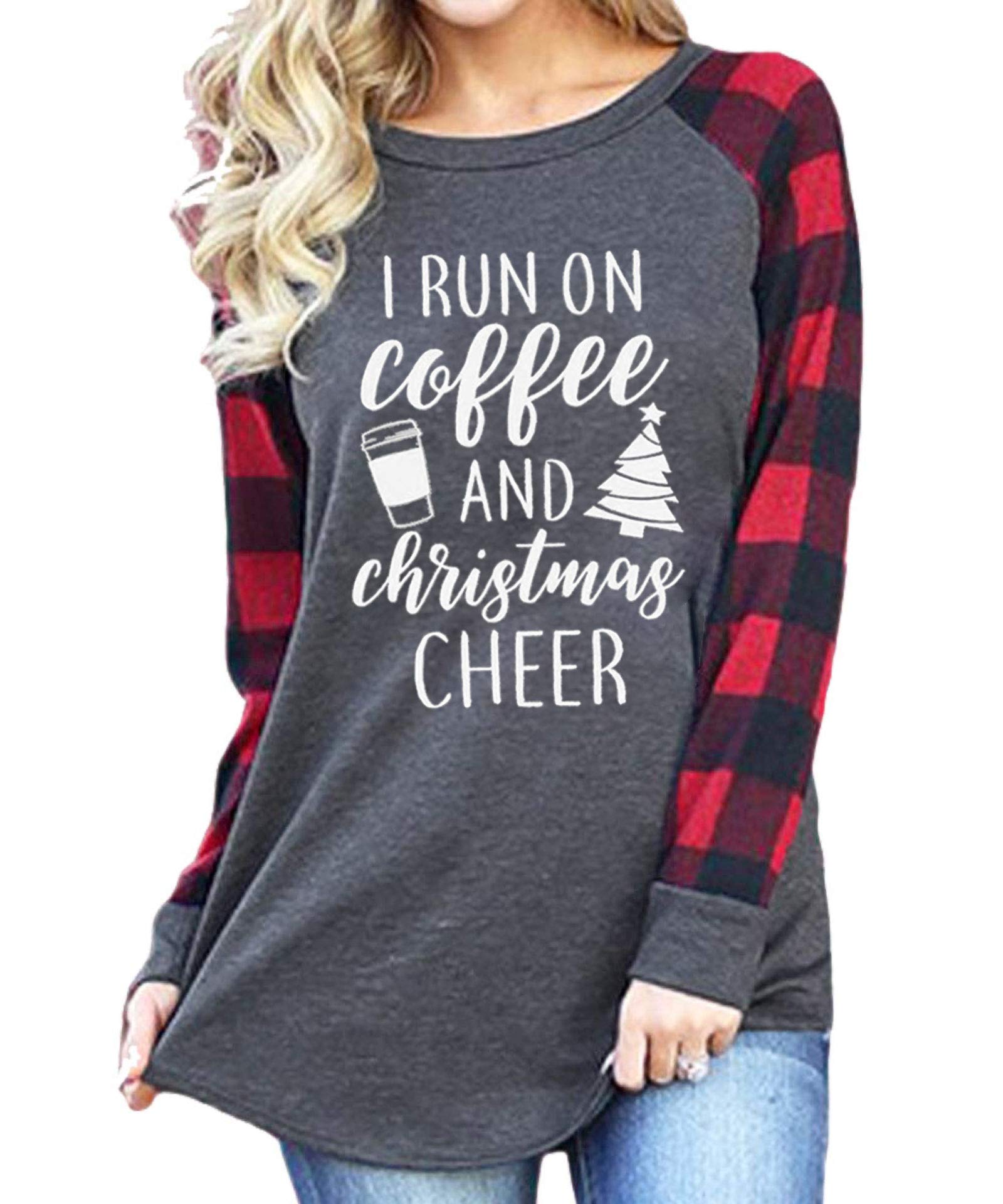 LUKYCILDLUKYCILD Christmas Shirts for Women I Run On Coffee and Christmas Cheer T-Shirt Raglan Long Sleeve Xmas Tops