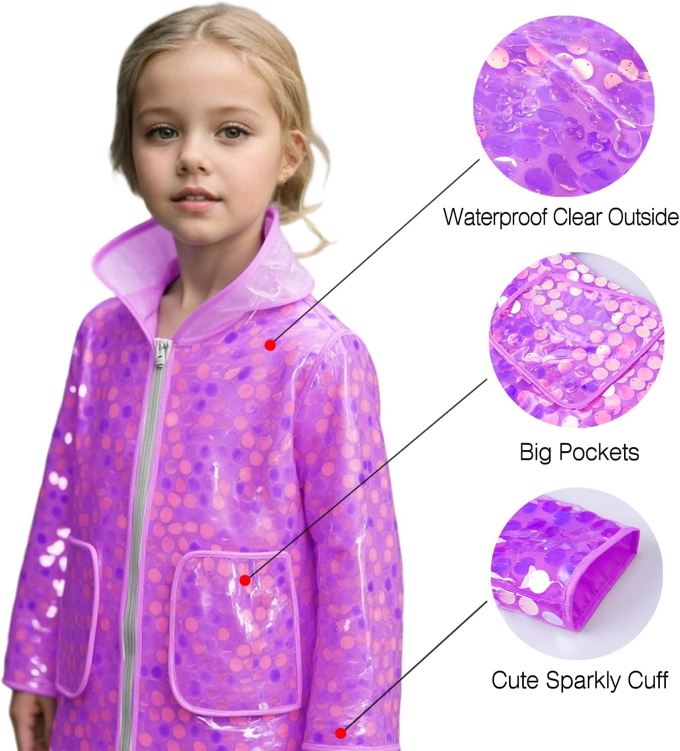 Betusline Girls Rain Jacket Sequin Waterproof Hooded Raincoats | Windbreaker, Lightweight, Reusable, with Lining, Kids Outwear with Pocket